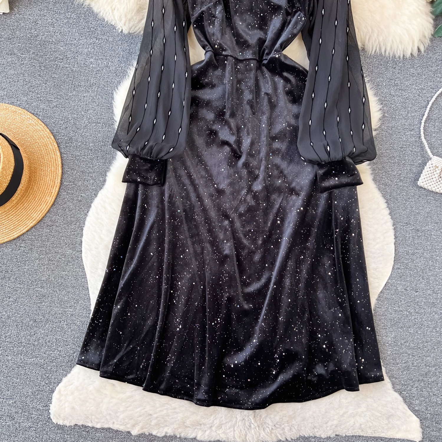 Elegant Black Velvet Beaded Dress with Sequins - Perfect for Evening Parties, Weddings & Special Occasions