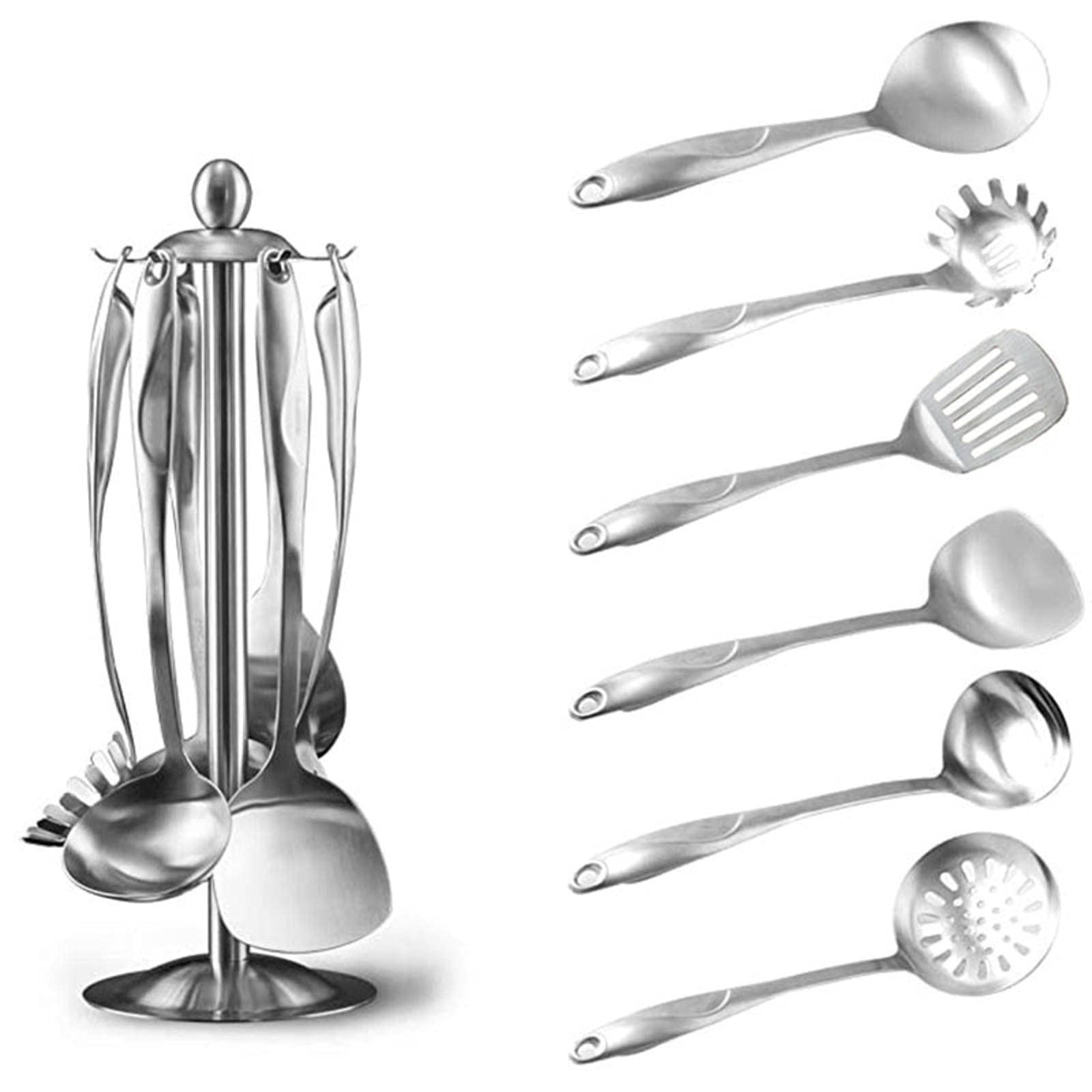 Premium 6-Piece Stainless Steel Kitchen Utensil Set - 304 Grade Cooking Tools with Rotating Holder (Includes Slotted Spoon, Spatula, Soup Ladle & More) - Perfect for Cooking, Baking & Serving - Dishwasher Safe & Durable