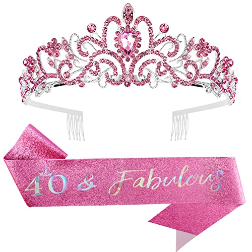 40th Birthday Decorations for Women - Pink '40 & Fabulous' Sash & Tiara Set - Perfect 40th Birthday Gift - Elegant Birthday Crown & Sash - Great for Parties, Milestone Celebrations & Photo Shoots