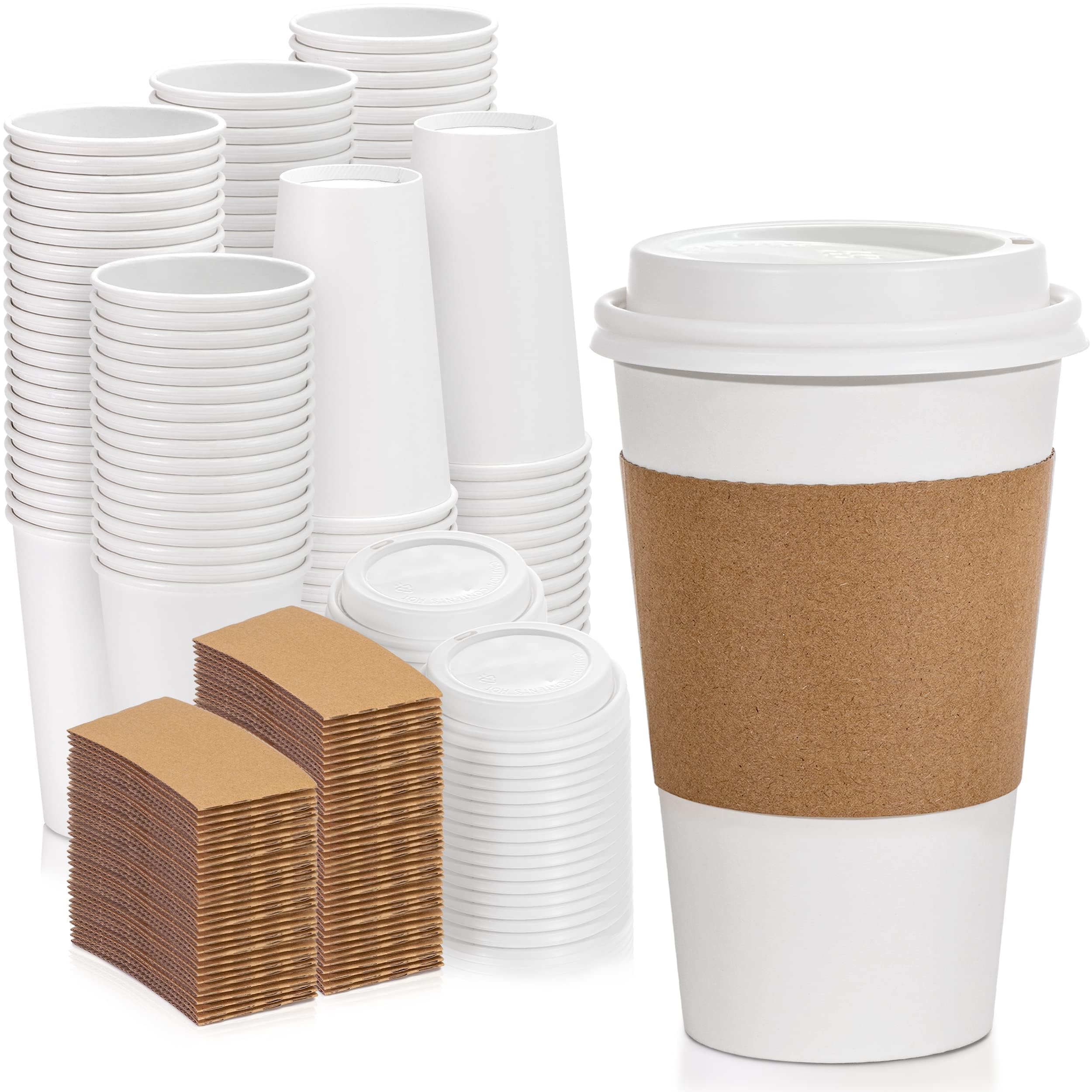 500 Pack 16 oz Disposable Coffee Cups with Lids & Sleeves - Leak-Proof To-Go Hot Paper Cups for Coffee, Tea, Hot Chocolate - Ideal for Home, Office, Cafes, Restaurants, Parties, and Business Use
