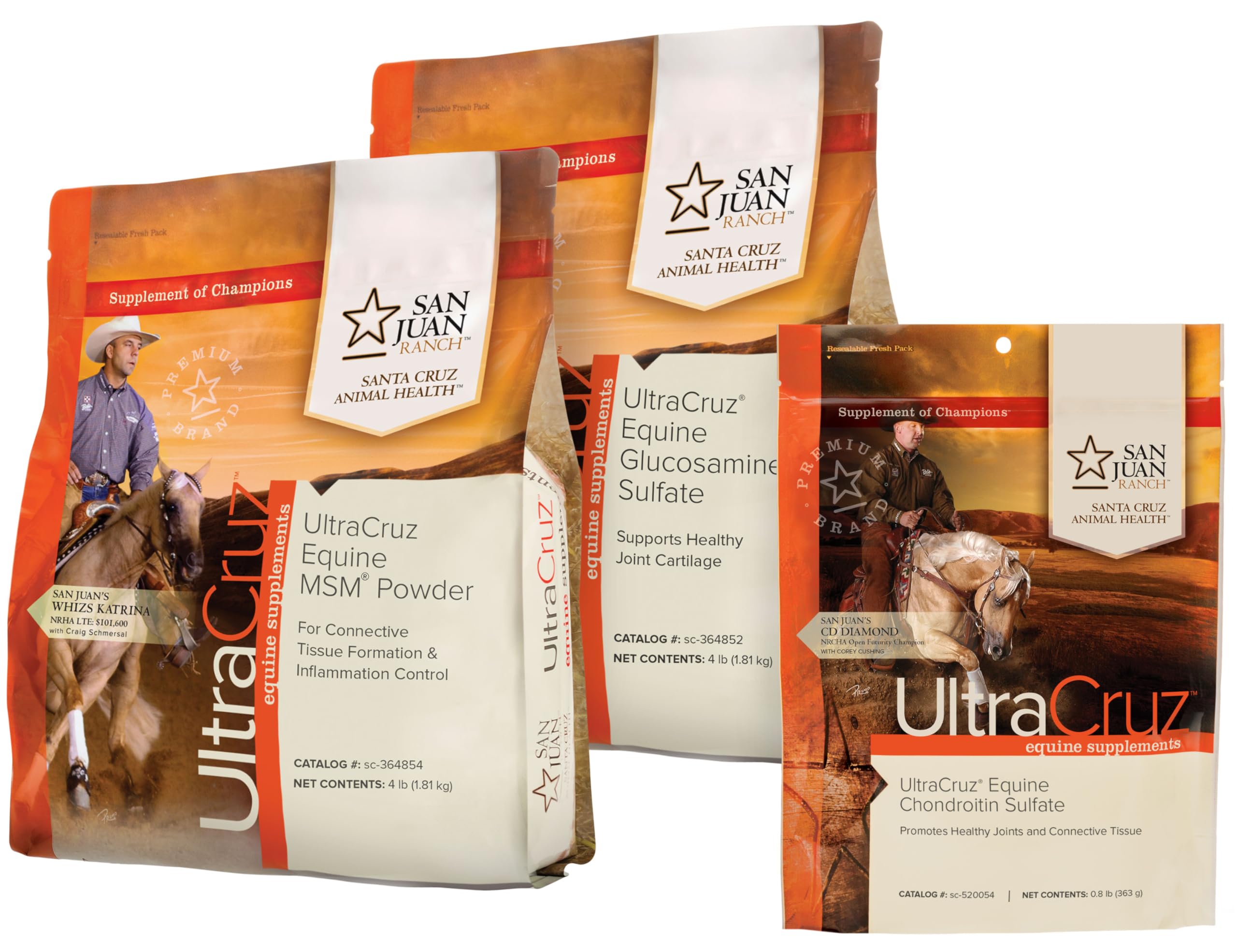 UltraCruz Equine MSM, Glucosamine Sulfate & Chondroitin Sulfate Powder Bundle - Horse Joint Supplement for Mobility & Comfort (4lb MSM, 4lb Glucosamine, 1lb Chondroitin) - Supports Healthy Joints for Performance Horses, Senior Horses & Equine Athletes