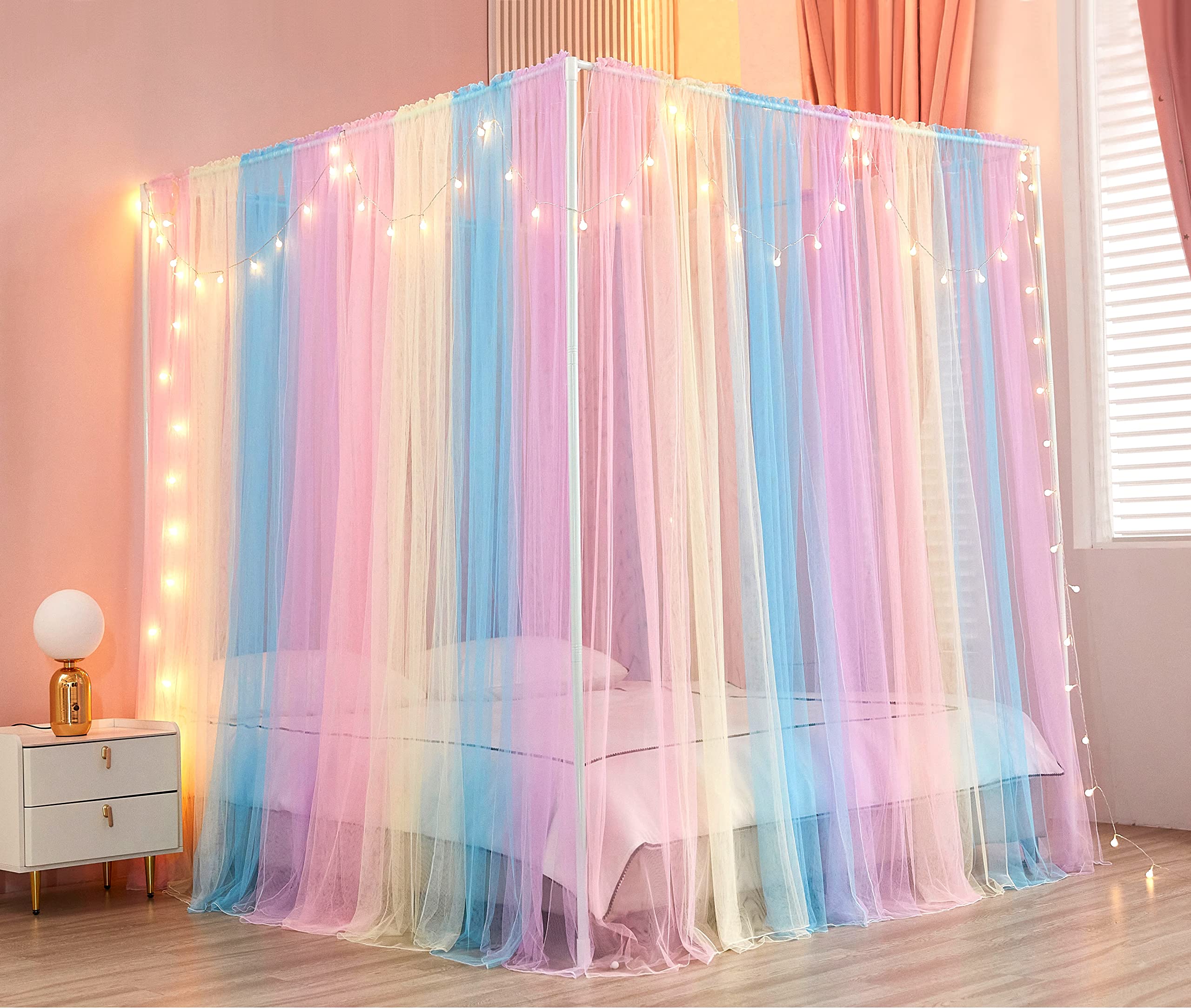 Rainbow Canopy Bed Curtains with LED Lights - 8 Panel Bed Drapes Netting for Twin Size Beds, Dreamy Bedroom Decor for Girls & Adults - Perfect for Romantic Nights, Boho Bedroom Makeover and Cozy Reading Nook