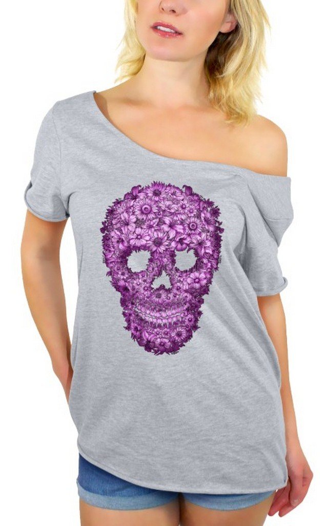 Stylish Sugar Skull Purple Floral Off-Shoulder T-Shirt for Women | Unique Gothic Fashion Top with Free Bookmark Gift | Perfect for Halloween, Day of the Dead & Festival Outfits