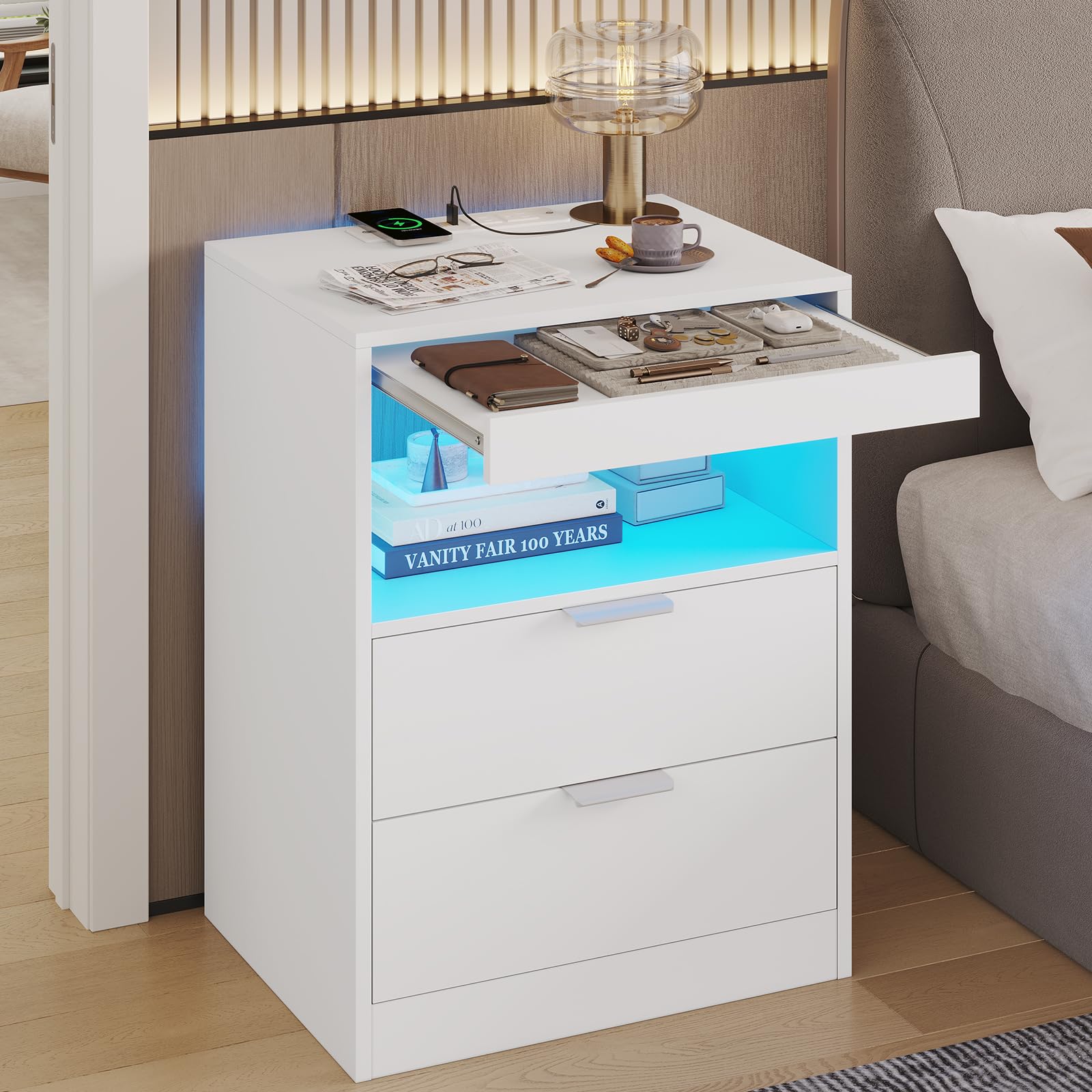ADORNEVE Modern LED Nightstand with Wireless Charging - White Wooden Bedside Table with 2 Drawers & Pull-Out Shelf, USB Ports & Touch Control Lights - Perfect for Bedroom, Living Room & Small Spaces