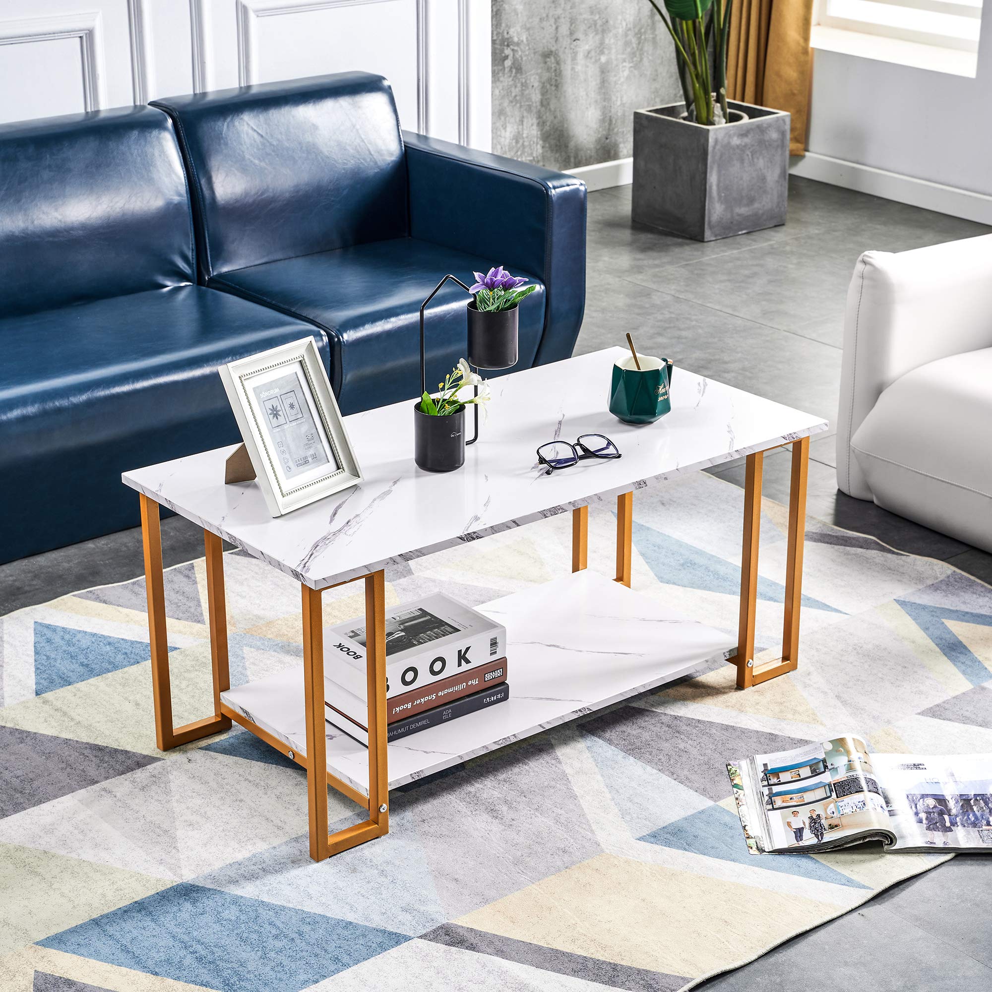 2-Tier Marble MDF Coffee Table with Black Metal Legs & White Top - Modern Rectangle Side Table for Living Room, Dining Area, Coffee Shop & Restaurant Decor (Gold Accent) | Perfect for Small Spaces, Lounge Areas & Contemporary Home Styling