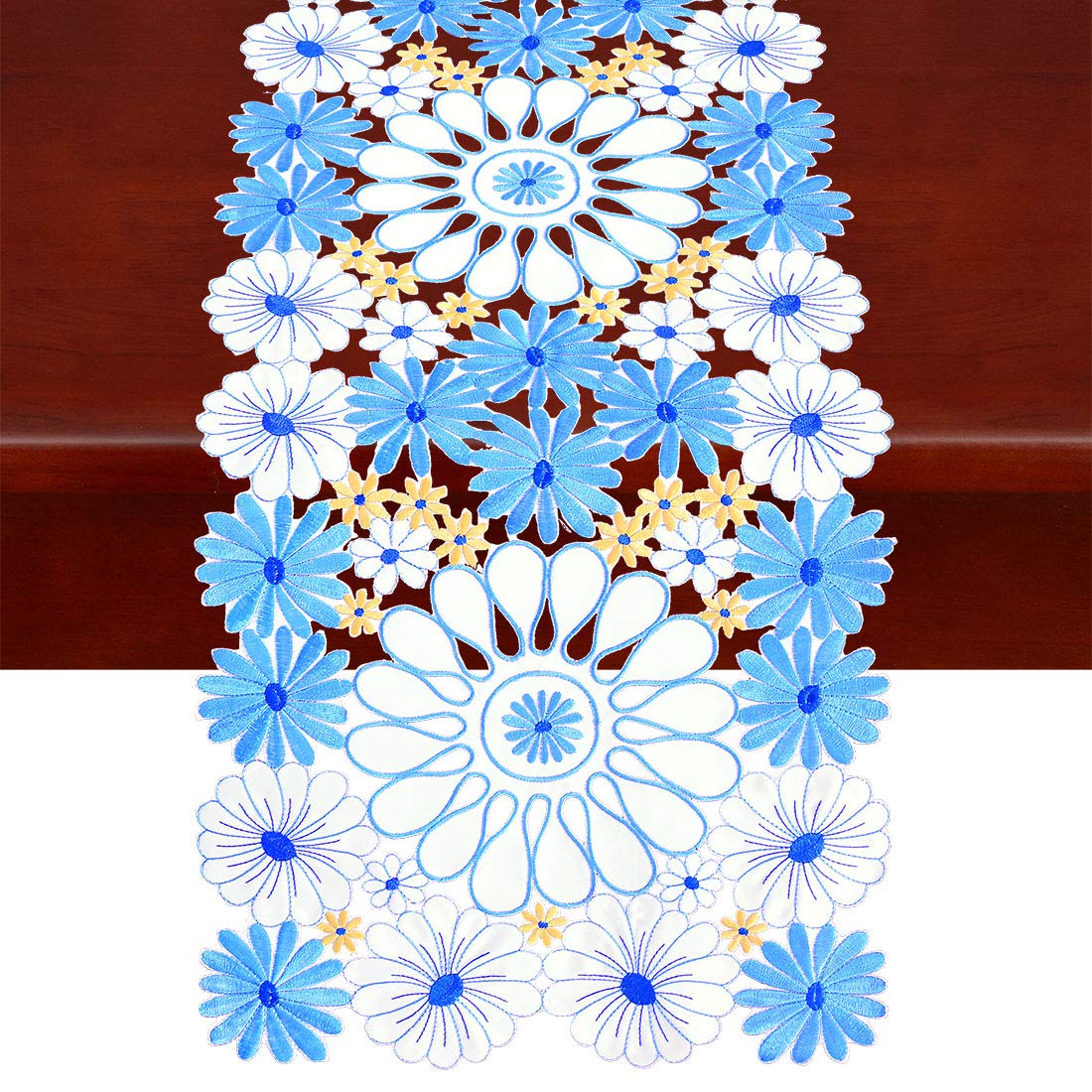 Simhomsen Embroidered Floral Table Runner - Elegant Spring Table Decor & Dresser Scarf (Blue, 14×69 Inch) for Dining Room, Wedding & Home Decor