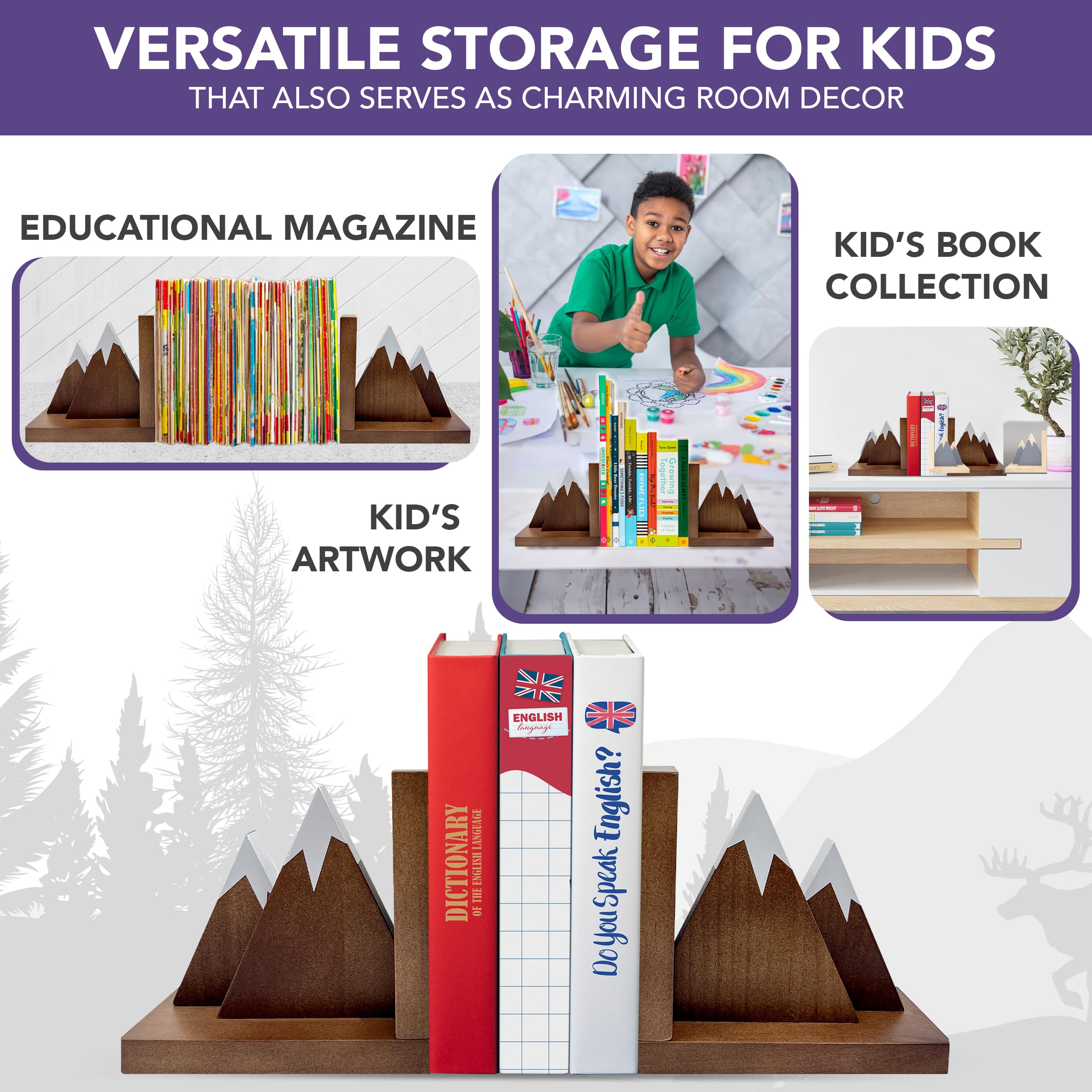 Dark Walnut Wooden Mountain Bookends for Kids Room - Non-Skid Book Ends Set for Shelves & Desks | Perfect for Organizing Children's Books, Home Office & Nursery Decor