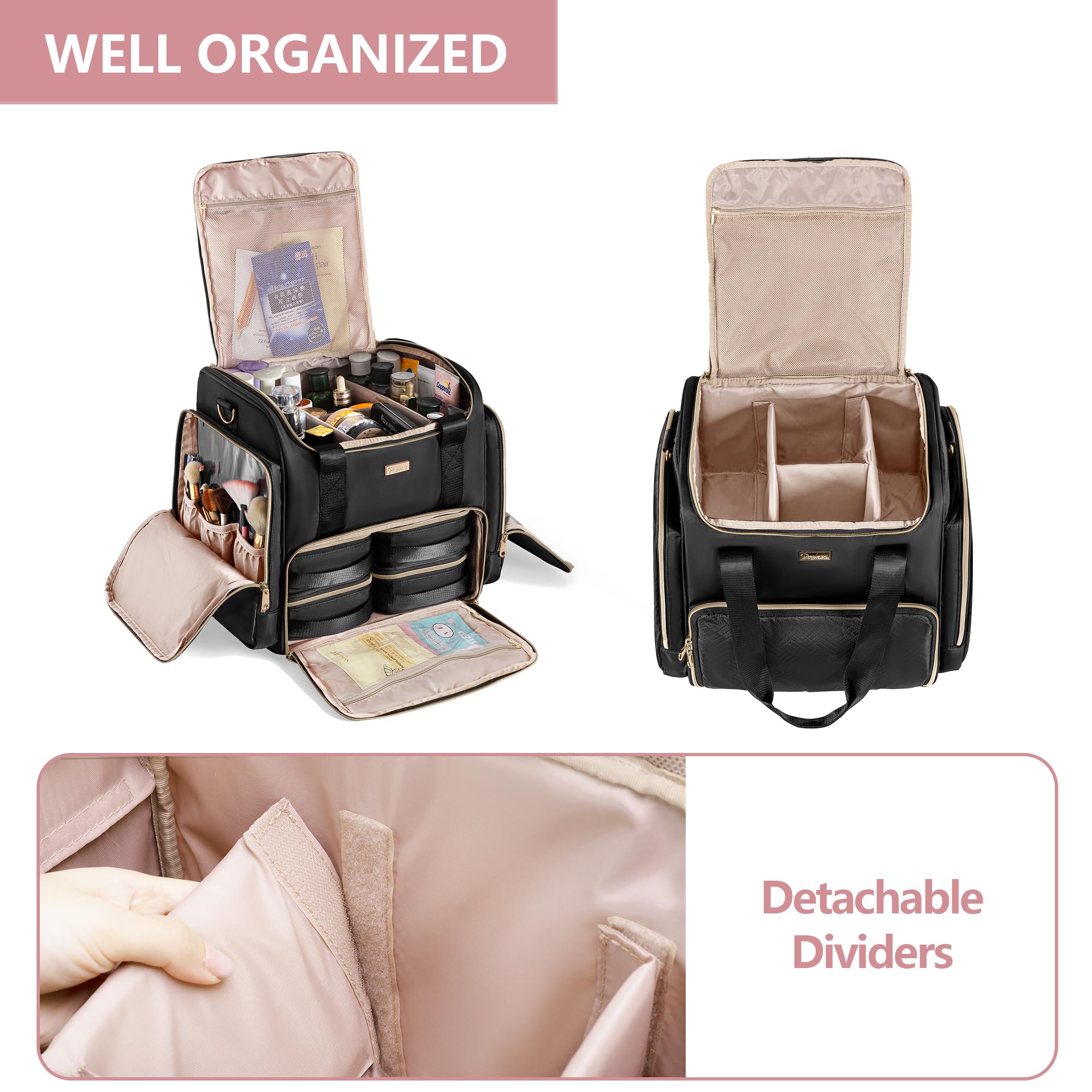 Professional Rolling Makeup Train Case with 4 Removable Bags & Brush Storage - Black Patent Design | Portable Cosmetic Organizer for Travel, Salon & Makeup Artists | Perfect for On-the-Go Beauty Professionals & Mobile Stylists