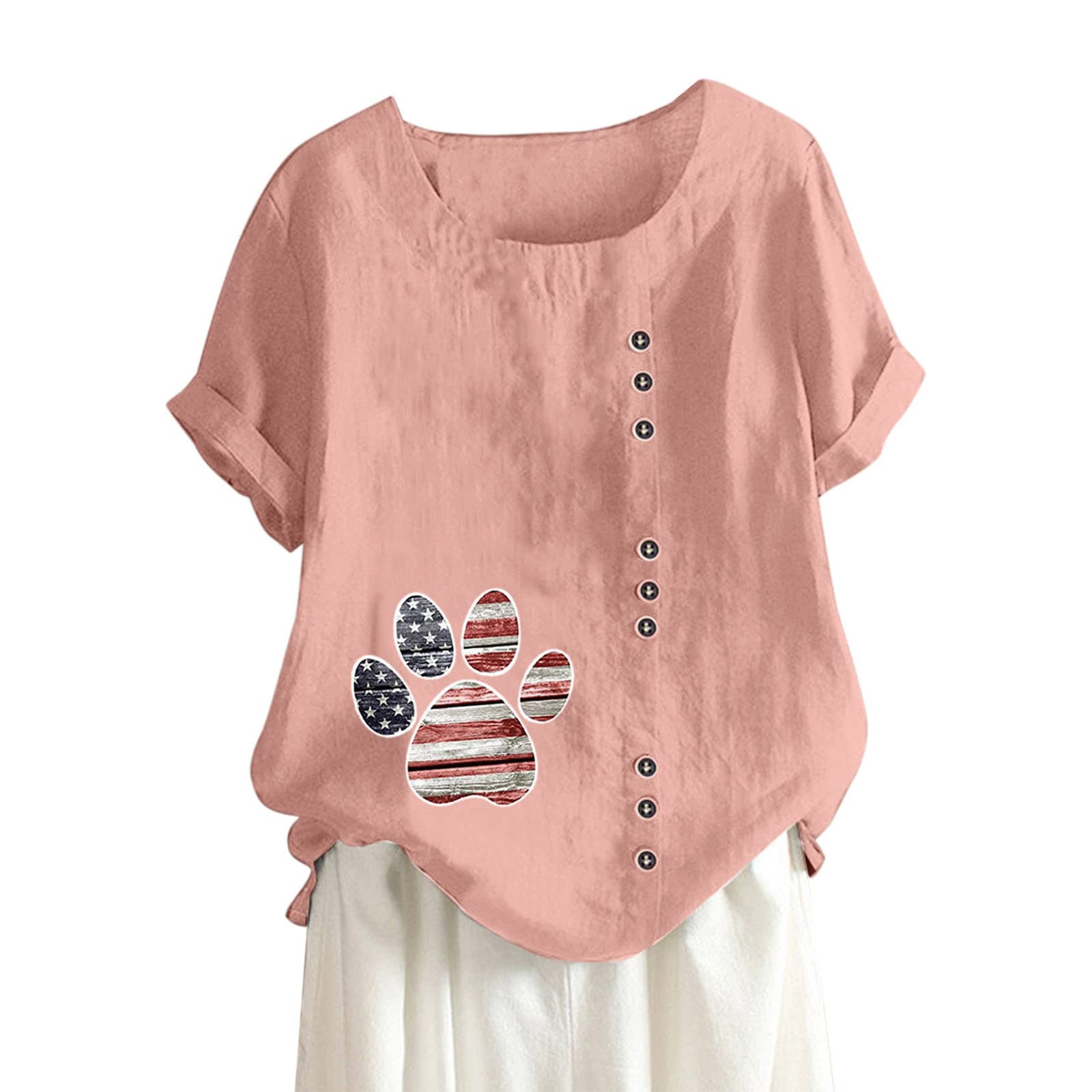 Women's Floral Printed Cotton Linen Short Sleeve Tunic Blouse - Summer Casual Loose Fit Crew Neck Top for Beach, Vacation & Everyday Wear