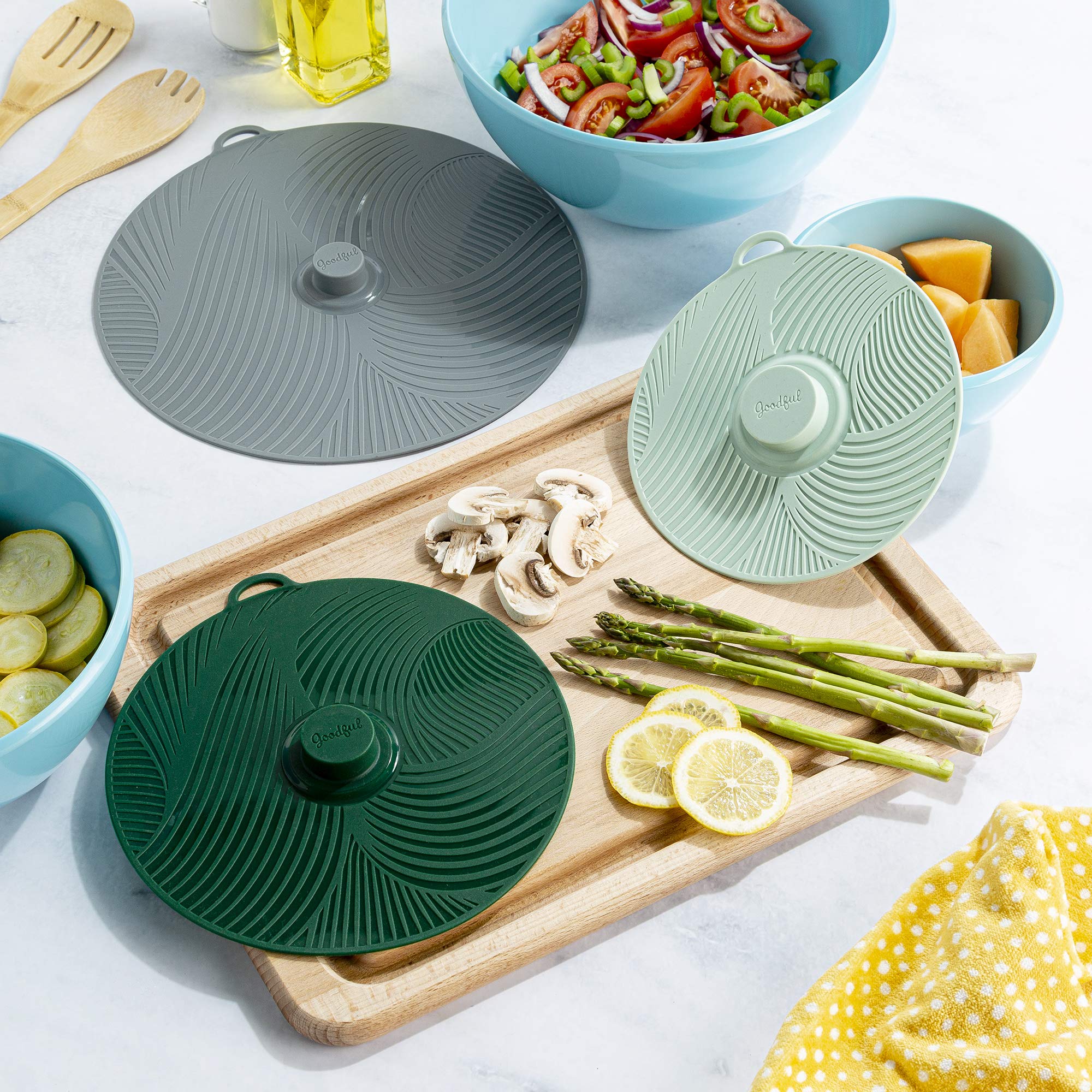 Goodful Universal Silicone Lids for Pots and Pans - Heat Safe, Reusable Suction Seal Food Storage Covers for Bowls, Pots & Cups - BPA-Free, Dishwasher Safe (3-Piece Set, Gray/Green/Sage) - Perfect for Meal Prep, Leftovers & Microwave Use