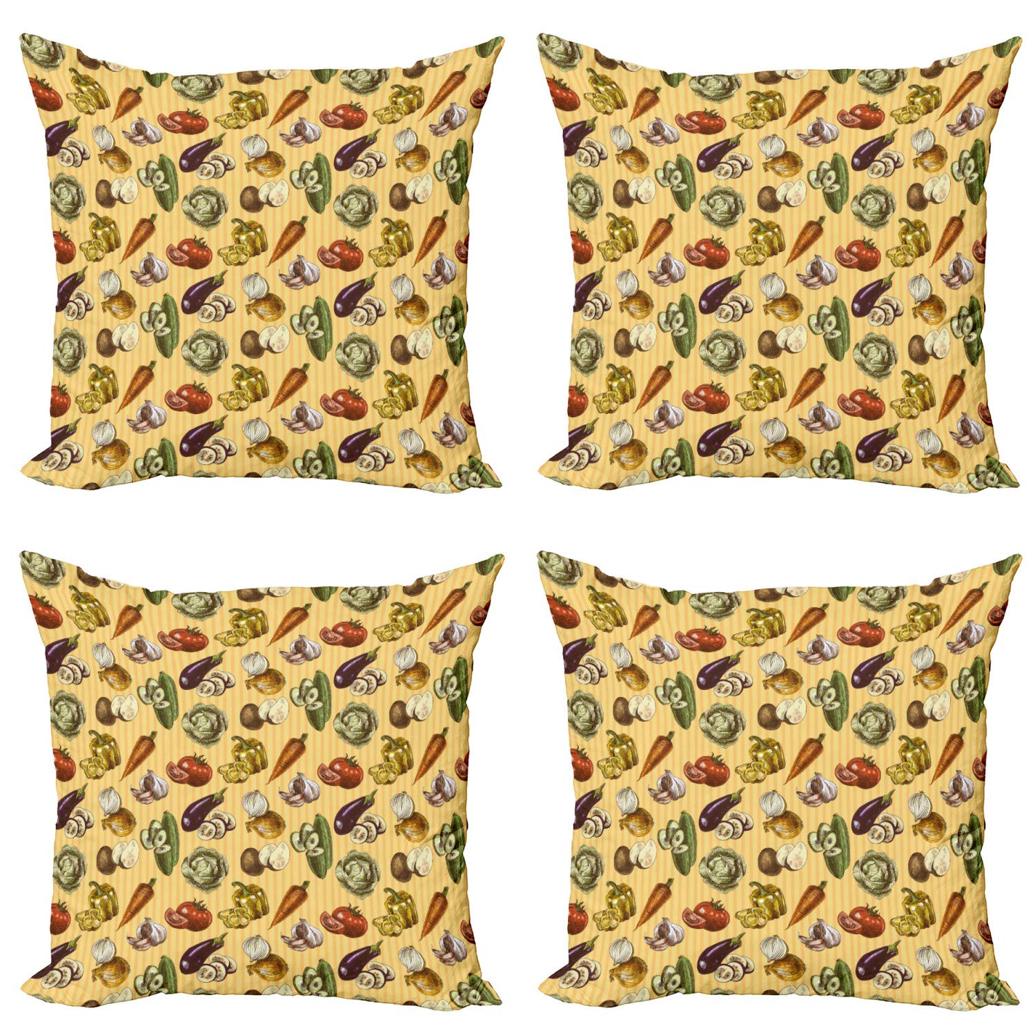 Ambesonne 4-Pack Decorative Throw Pillow Covers - Hand-Drawn Vegetables & Fruits Design with Striped Coral Backdrop, 24 Inch Multicolor Cushion Covers for Sofa, Living Room, Bedroom & Car | Home Decor, Gift Idea