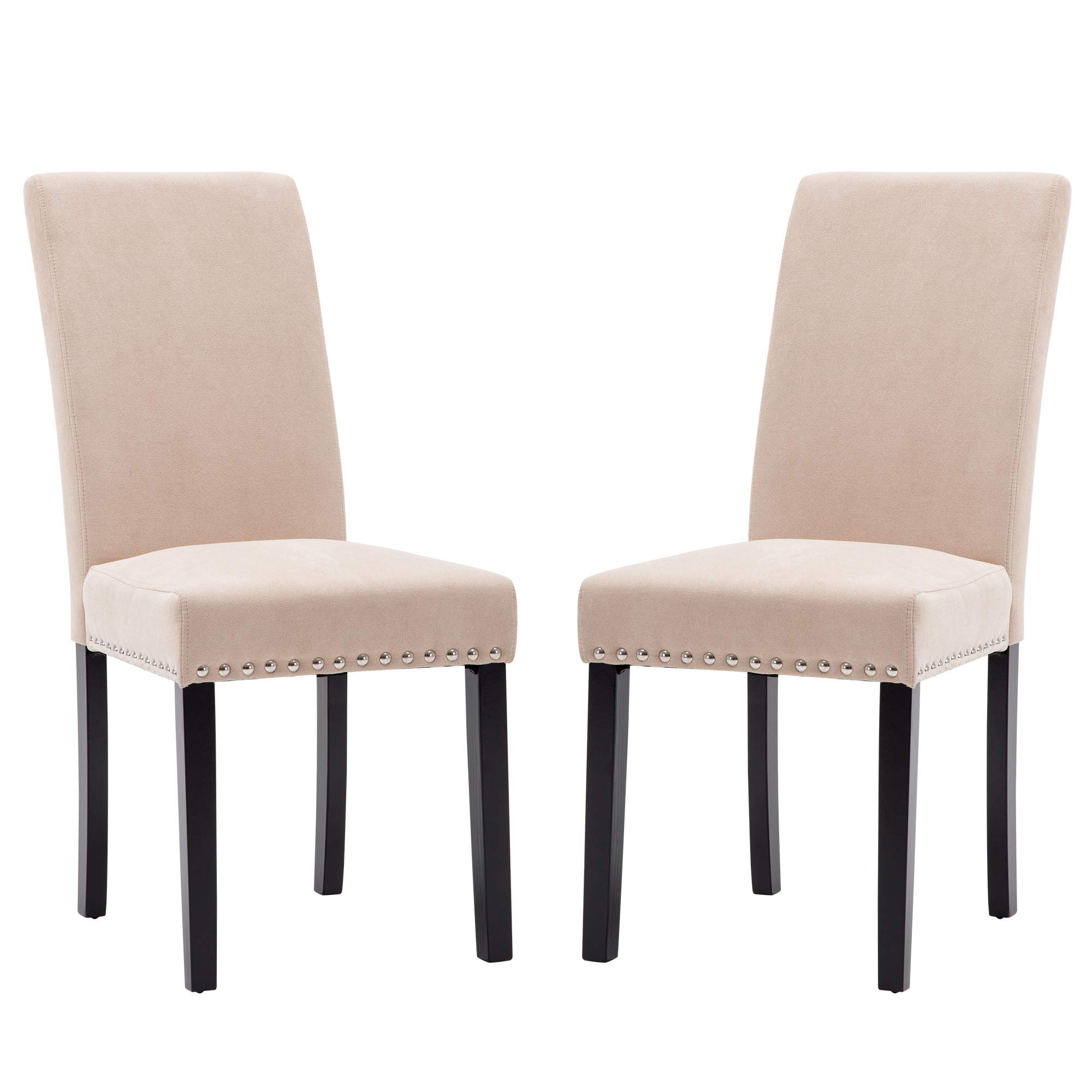 GOTMINSI Upholstered Fabric Dining Chairs Set of 2 - Padded Parson Chairs with Solid Wood Legs & Silver Nail Trim, Beige | Perfect for Kitchen, Dining Room & Living Room Seating