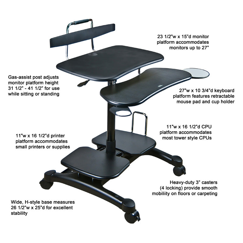 Adjustable Height PC Workstation with CPU & Printer Stands (ABS Material) - Ergonomic Home Office Desk for Gaming & Computer Setup