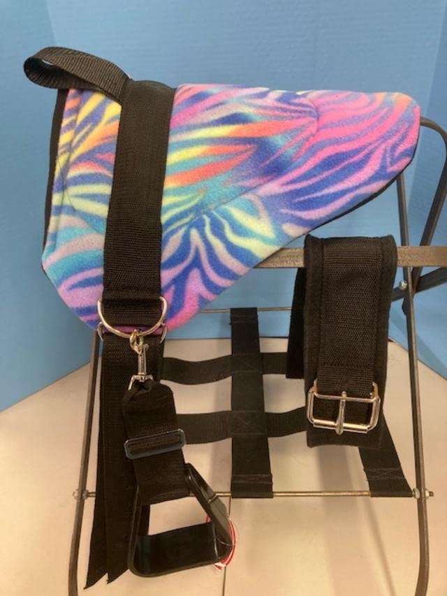 Miniature Horse & Small Pony Bareback Saddle Set for Kids - Turquoise Zebra Stripe Design with Free Snap-On Bit & Upgraded Felt Cinch | Perfect for Riding Lessons, Trail Rides & Equestrian Training