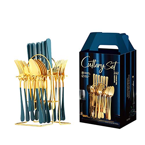 24-Piece Stainless Steel Silverware Flatware Set - Nordic Style Cutlery with Storage Rack (Green) - Elegant Dinnerware for Everyday Meals, Dinner Parties & Kitchen Essentials