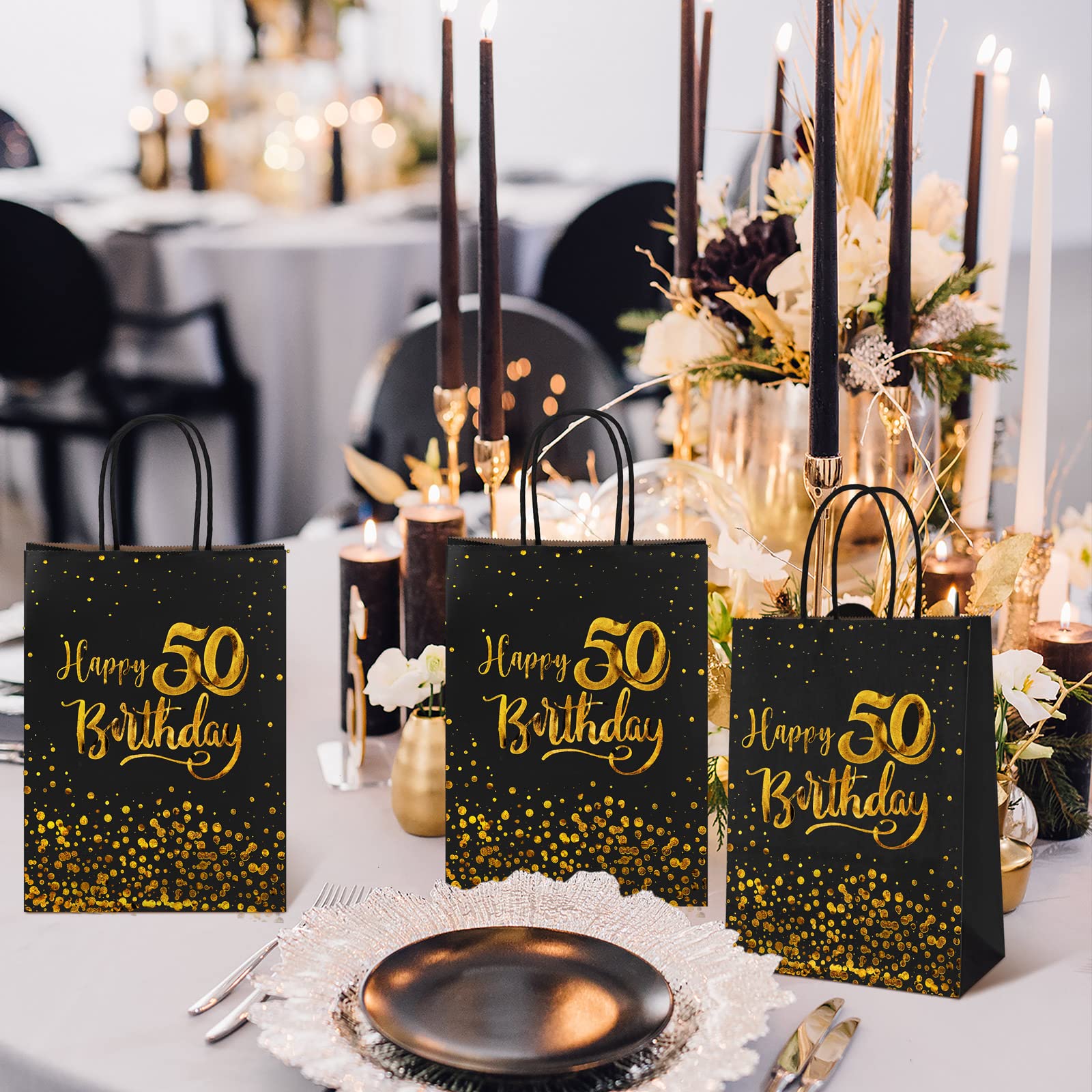 24 Pack Black & Gold 50th Birthday Gift Bags - Kraft Paper Party Favor Bags for Candy, Wedding, Anniversary Celebrations - Perfect for Birthday Parties, Retirement Events & Special Occasions