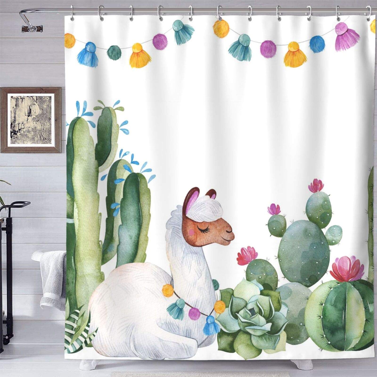 Llama Cactus Shower Curtain - Waterproof Cartoon Alpaca & Tropical Cactus Bathroom Decor with 12 Hooks, 72x72 Inches - Perfect for Kids' Bathroom, Farmhouse Style, or Bohemian Themed Home Decor
