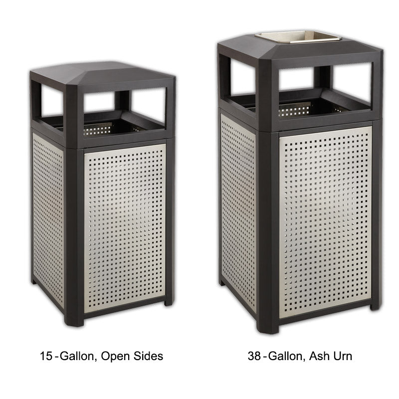 Stainless Steel Trash Can with Side Panels - Indoor/Outdoor Heavy Duty Garbage Bin - Black & Silver Metal Waste Basket for Kitchen, Office, Patio, and Garage