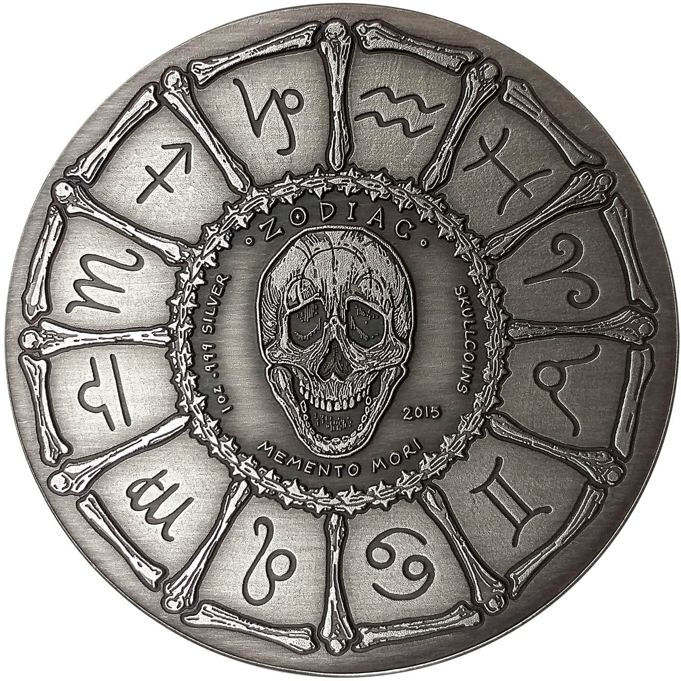 SkullCoins GEMINI - 2015 Memento Mori Zodiac Series #5 - 1 Oz Antique Finish Silver Coin - Limited Edition of 500 Pieces - Perfect for Collectors, Investors & Unique Gift Ideas