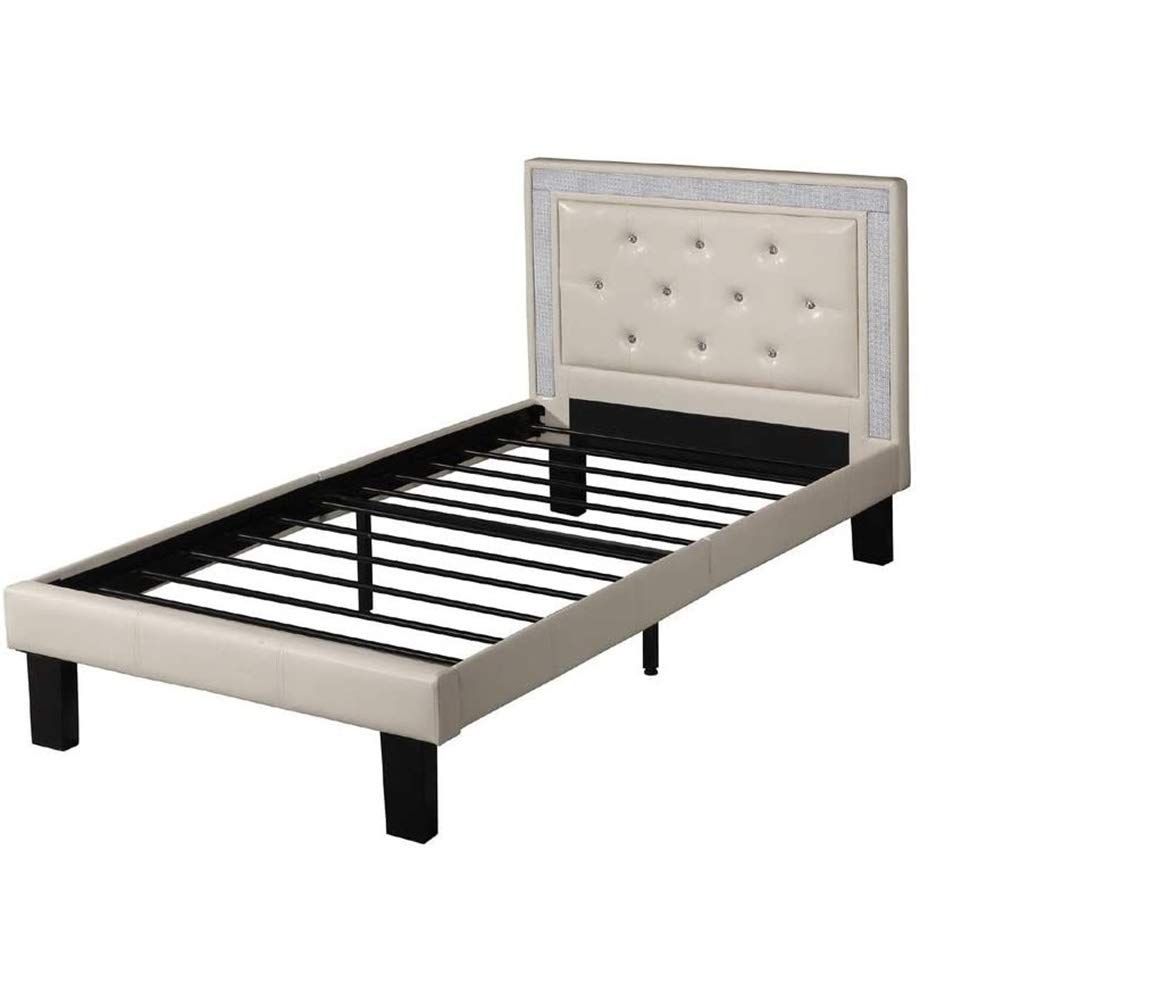 Poundex Silky & Sheeny Wooden Full Size Bed Frame with Light Bone PU Tufted Headboard, White Finish - Elegant Bedroom Furniture for Master Bedroom, Guest Room & Dorm Decor