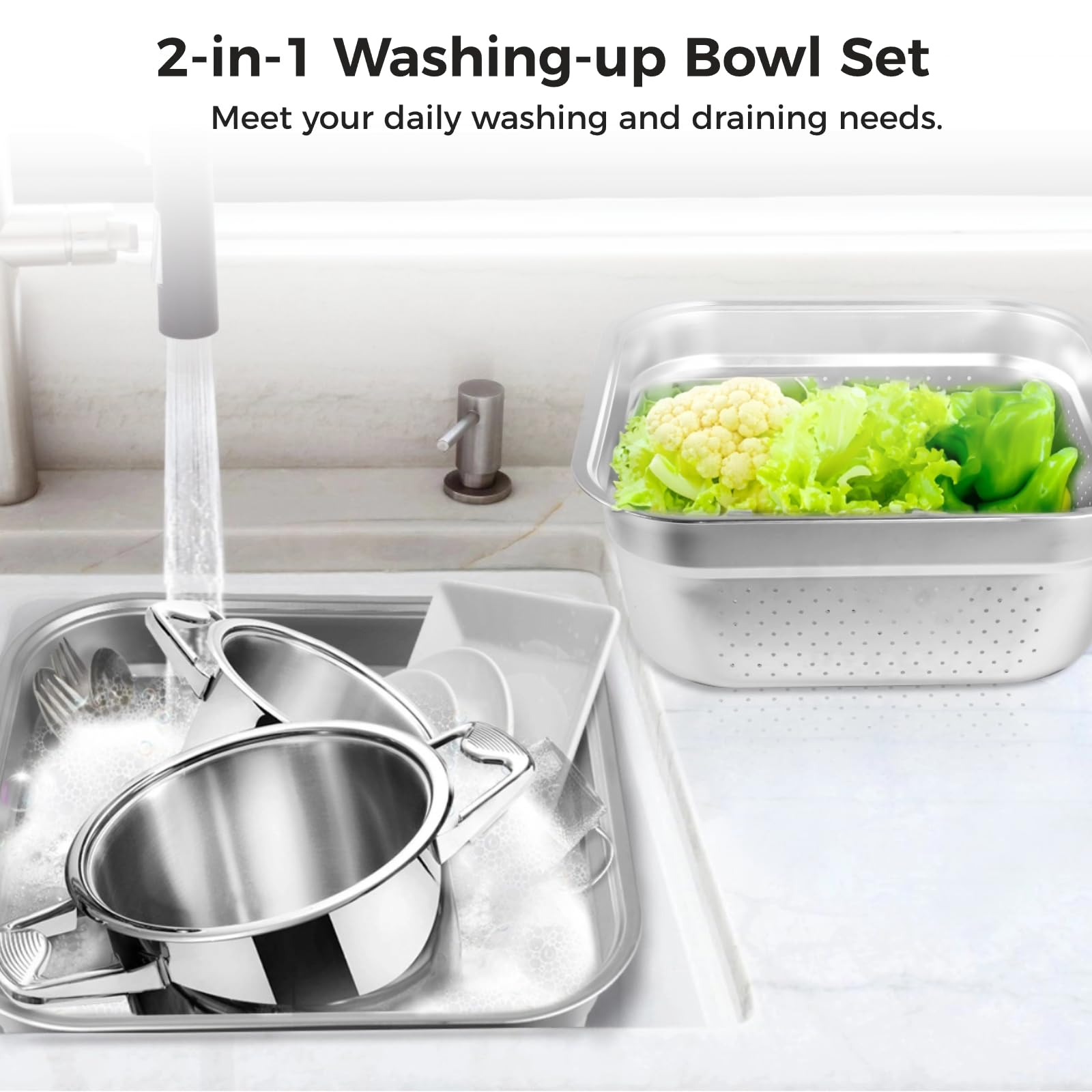 Yeesport 2-in-1 Stainless Steel Dish Tub with Colander - Multi-Purpose Washing Bowl for Rice, Pasta, Vegetables & Fruits - Perfect for Kitchen, Camping & RV Use - Food Strainer & Mixing Bowl Set