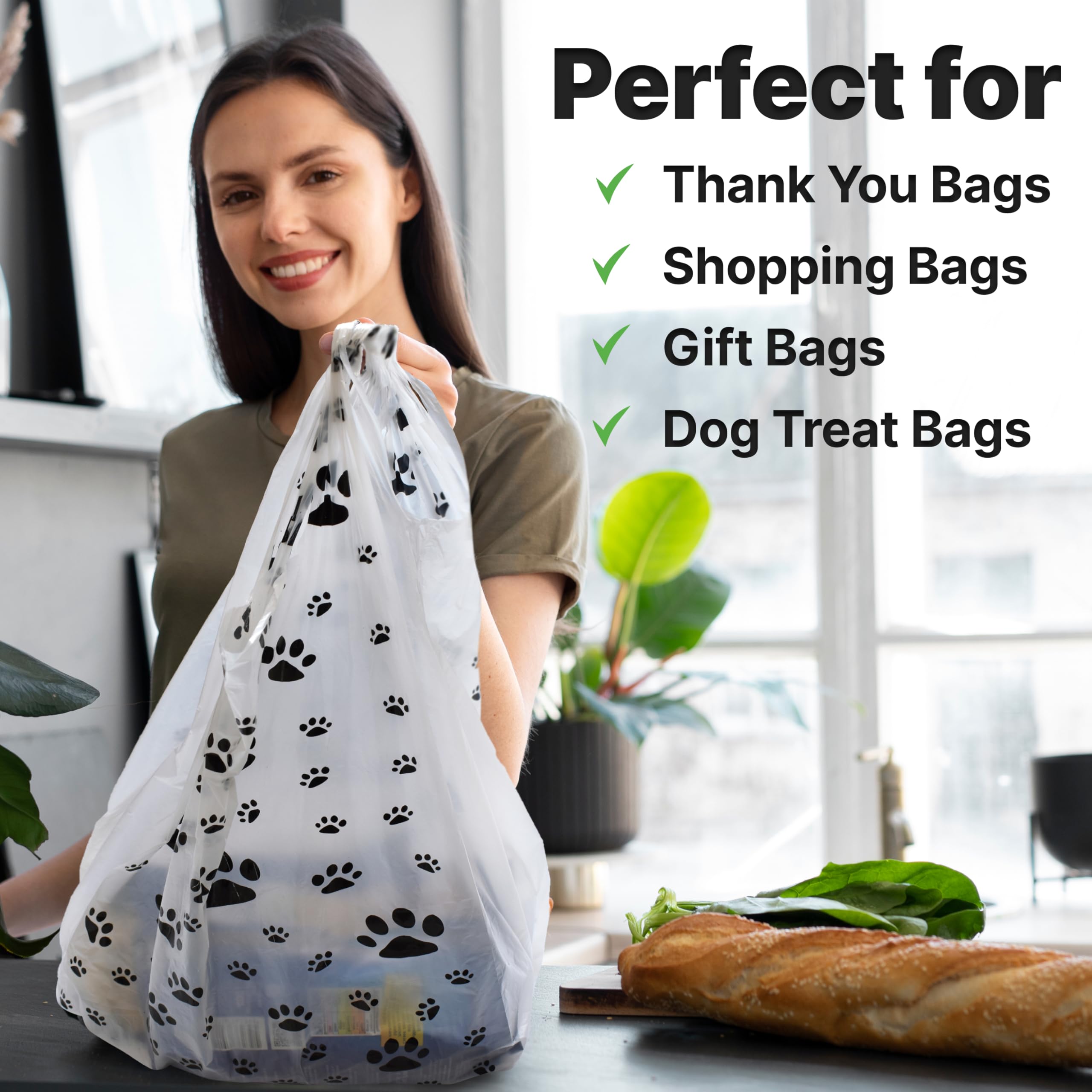 100 Pack Plastic T-Shirt Bags with Paw Print Design - 22