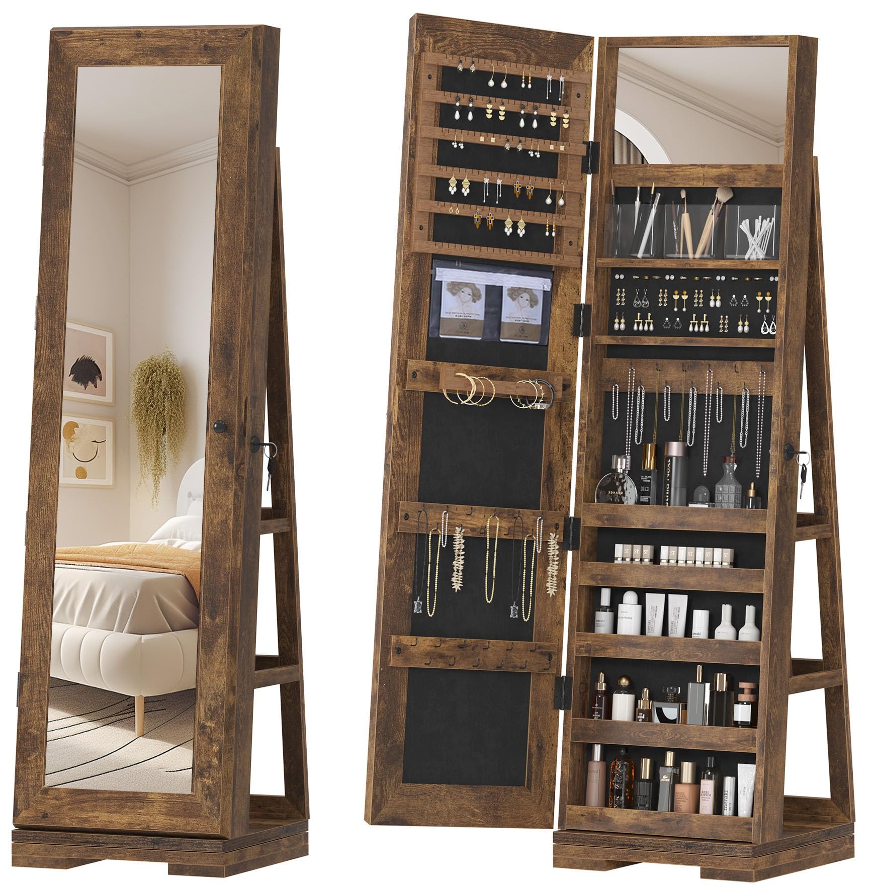 Soges 360° Swivel Jewelry Mirror Cabinet with Back Storage Shelves - Full Length Standing Rotating Mirror with Jewelry Organizer & Lockable Doors - Rustic Brown Armoire for Bedroom, Dressing Room & Closet Organization