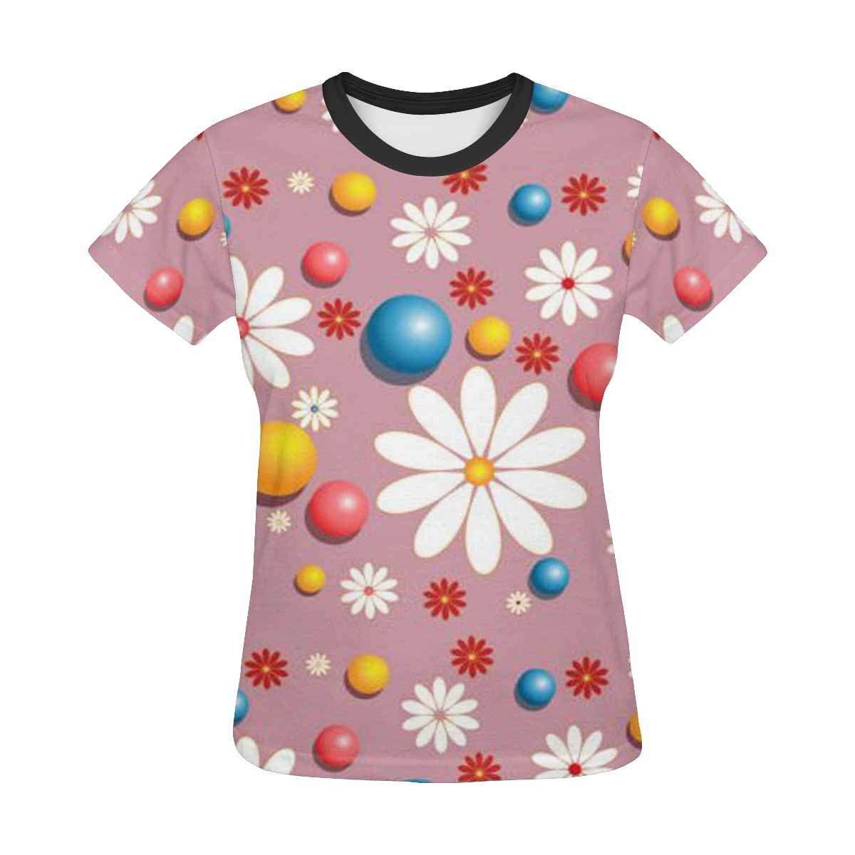 Women's Floral Print T-Shirt with Colorful Flowers and Polka Dots - Stylish Casual Tee for Summer Outfits, Beach Wear & Everyday Fashion