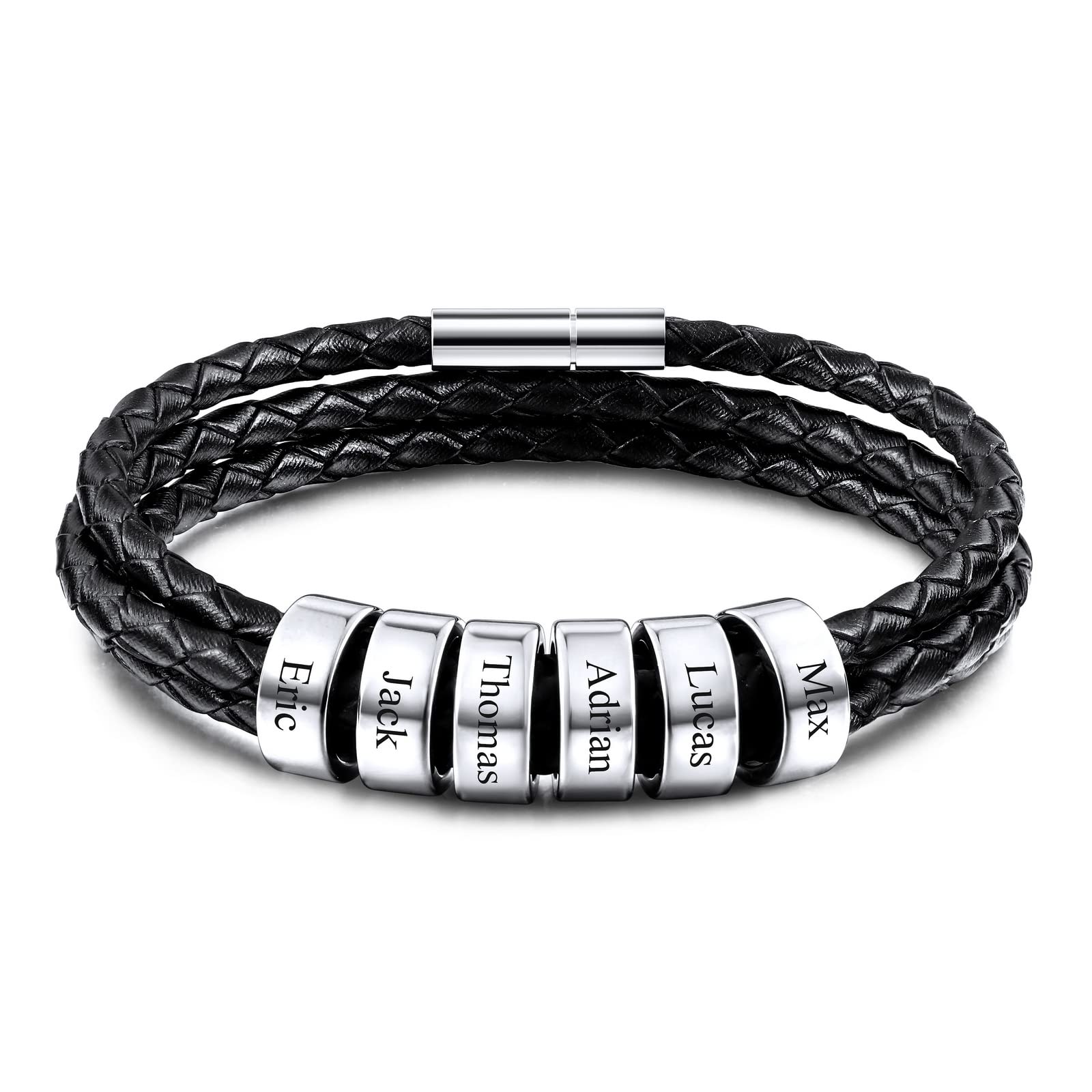 Custom Engraved Leather Braided Bracelet for Men & Women - Personalized Name Beads Gift for Boyfriend, Husband, Father - Trendy Rope Jewelry for Casual Wear, Date Night & Special Occasions
