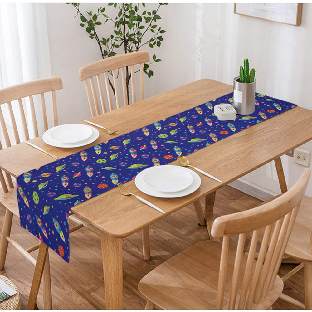 Swono Alien Table Runner - Cotton Linen Space Theme with Rocket & Alien Seamless Pattern, Non-Slip Kitchen Dining Decor (14x72 Inch) - Perfect for Coffee Tables, Tea Parties & Dinner Room Settings