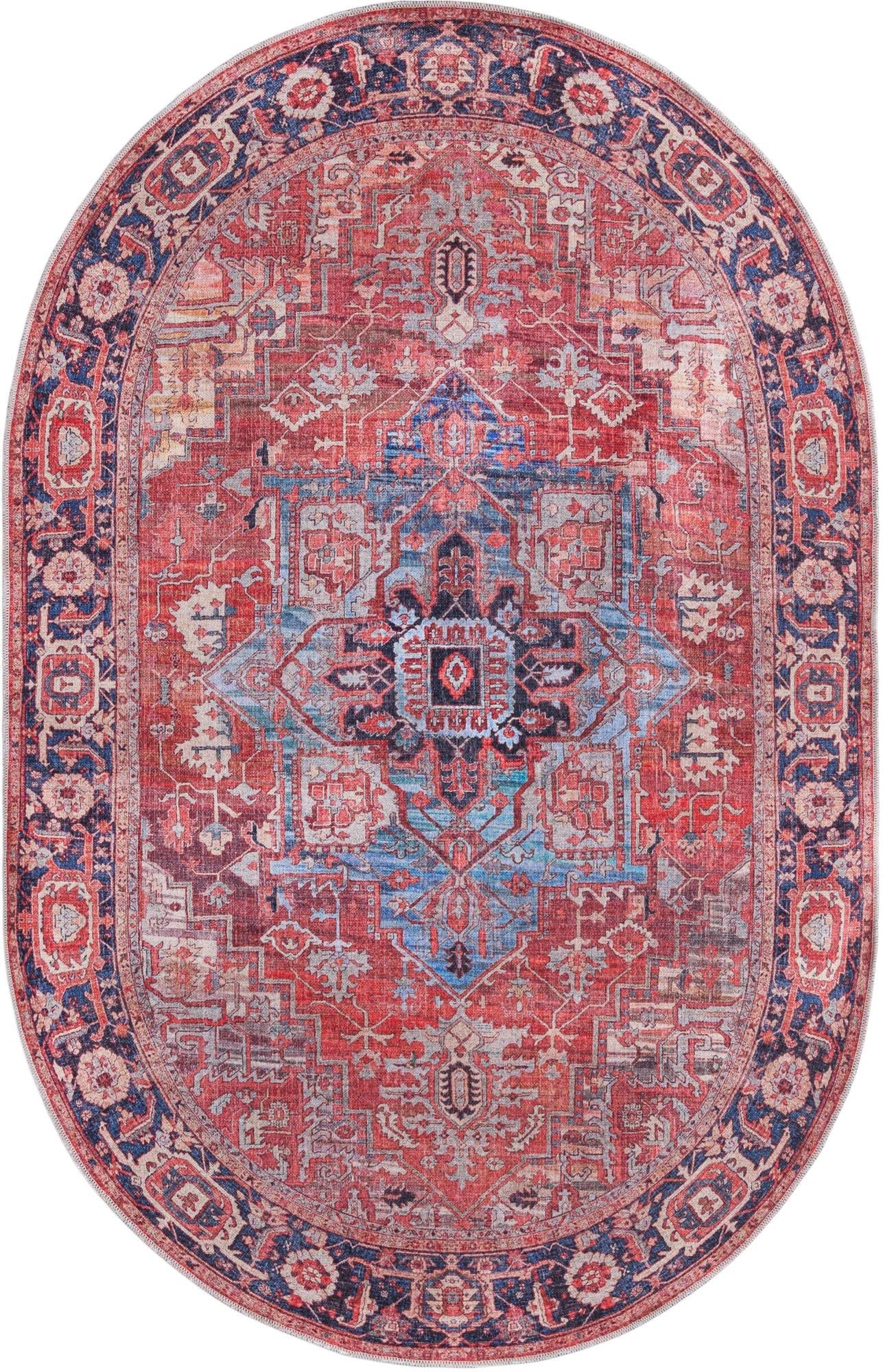 Maahru Collection Washable Rug 5' x 8' Oval - Low Pile Rust Red Area Rug for Living Room, Dining Room & Open Spaces | Pet Friendly & Easy Clean Home Decor