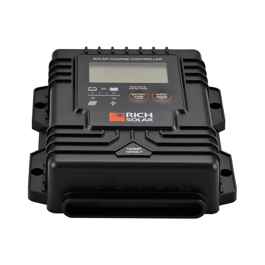 Rich Solar 10 Amp PWM Waterproof Solar Charge Controller - 12V/24V Auto, LCD Display for RV, Boat, Off-Grid Solar Panel System - Perfect for Camping, Marine & Home Solar Power