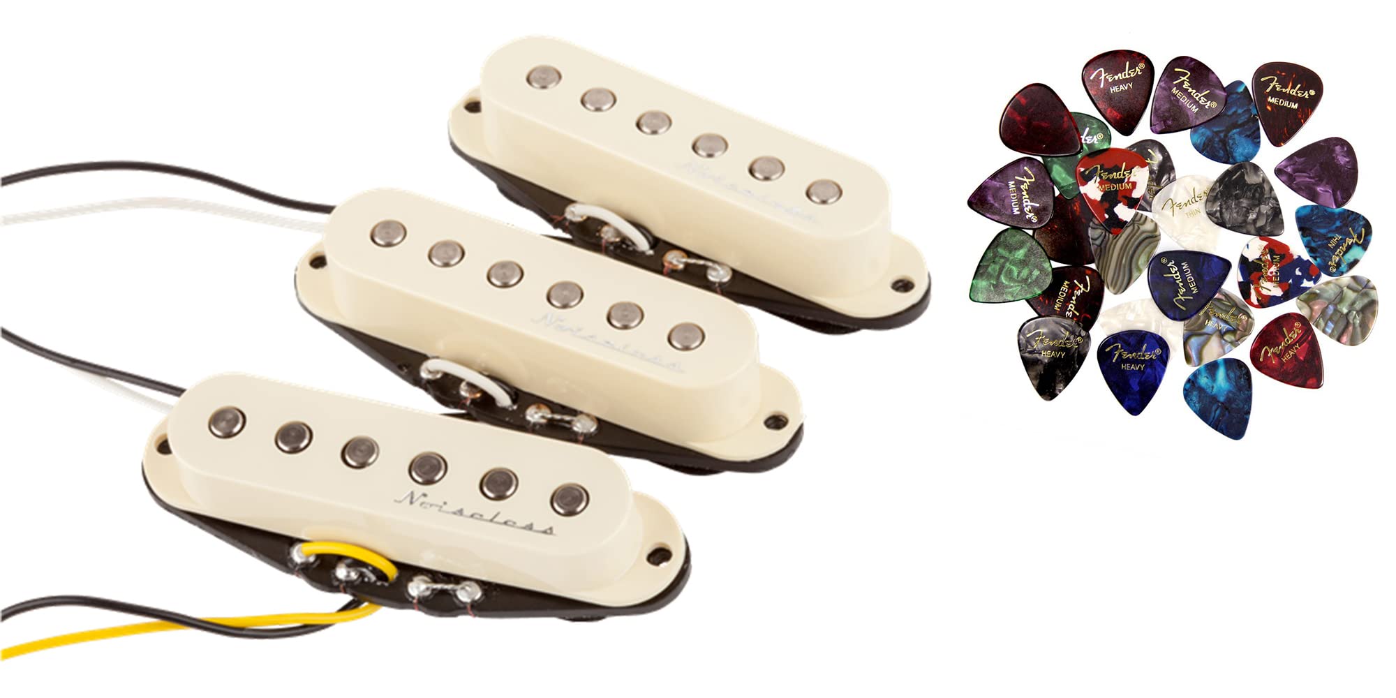 Fender Hot Noiseless Stratocaster Pickups - Aged White Guitar Pickup Set with 10 Plectrums | Perfect for Rock, Blues & Studio Recording