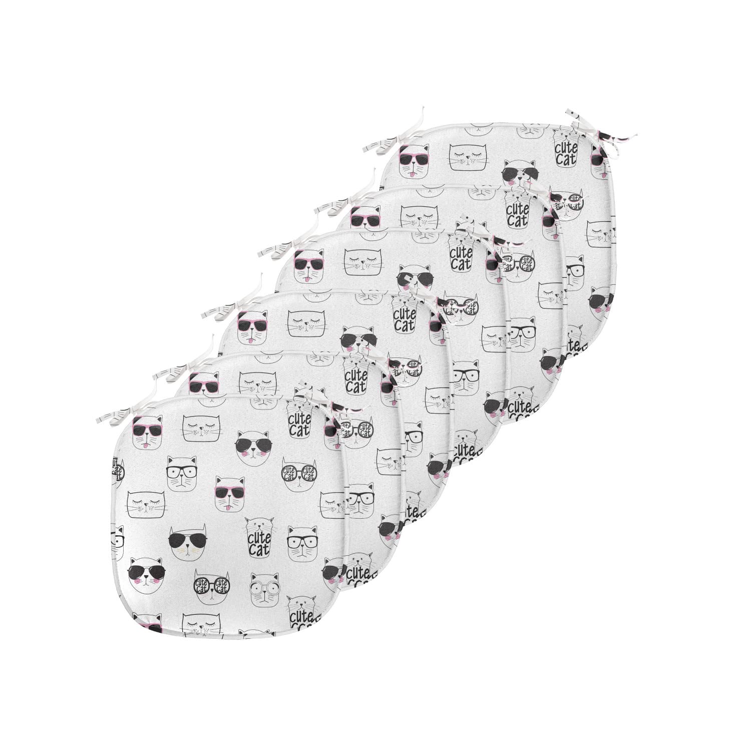 Ambesonne 6-Piece Cat Chair Cushion Set - Funny Hipster Cat Portraits with Sunglasses, Anti-Slip Seat Pads for Kitchen, Dining, Patio & Office (16x16 Inches, Black White Pink) - Perfect for Home Decor, Gifts & Pet Lovers