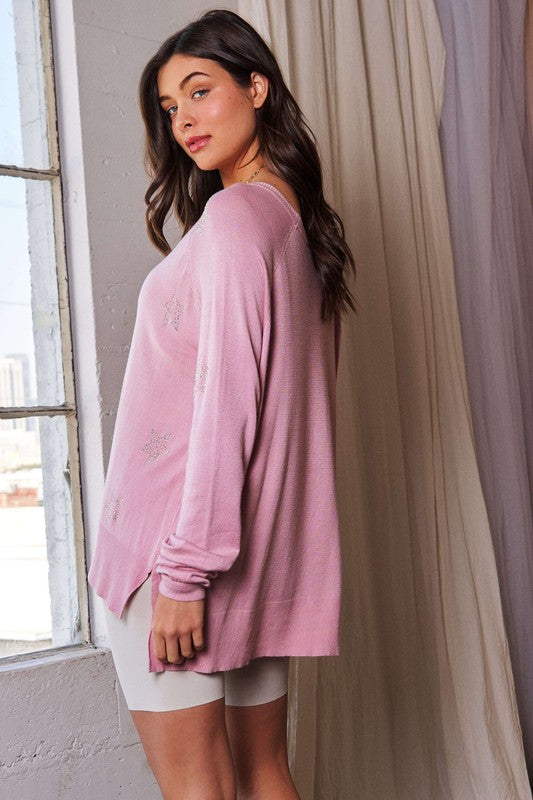Davi & Dani Women's Rhinestone Star High Low Blouse - Elegant Round Neck Top for Parties, Date Nights & Special Occasions