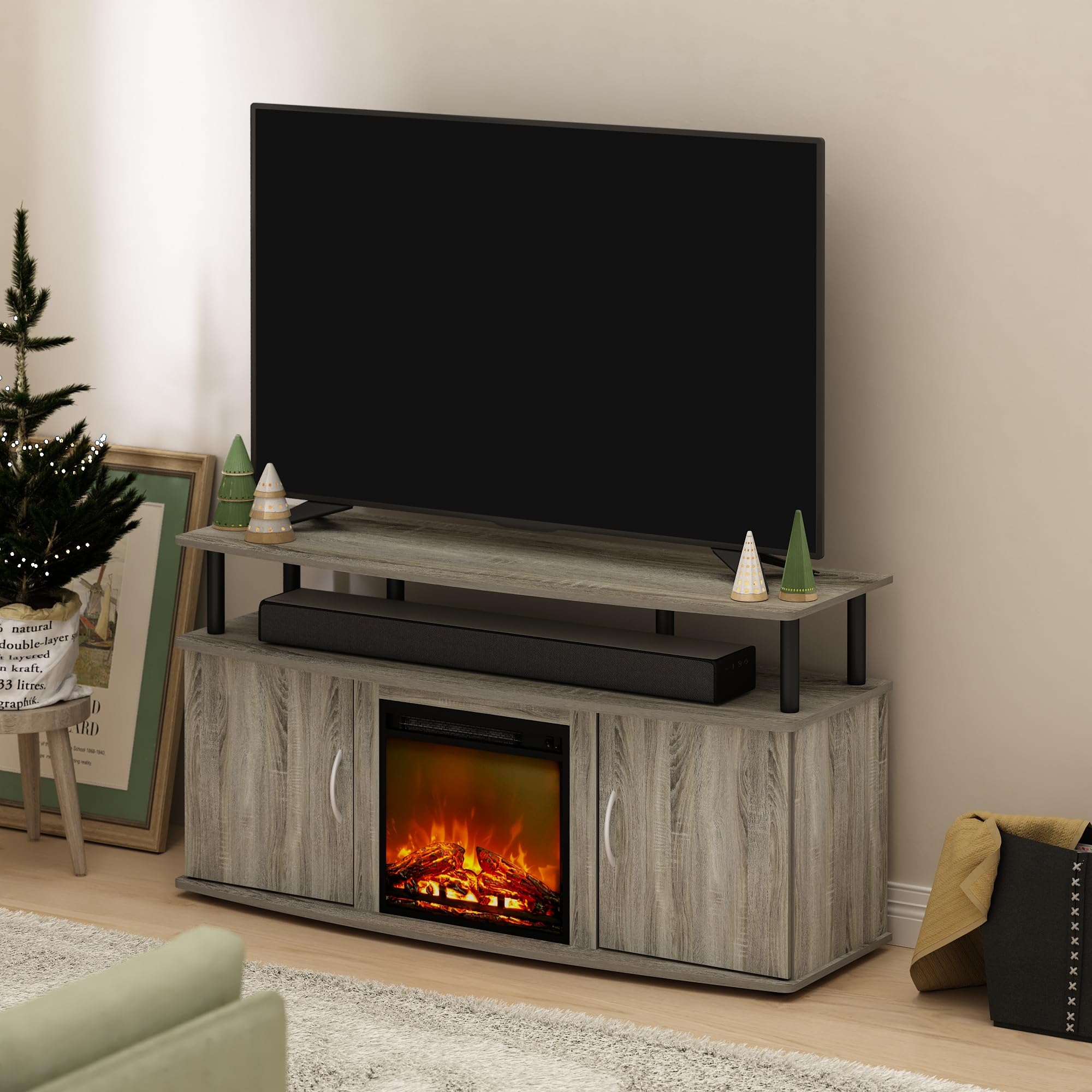 Furinno Jensen 55 Inch TV Stand with Fireplace Design, Storage Cabinet & Doors - French Oak Grey/Black - Perfect for Living Room Entertainment Centers & Home Theater Setups