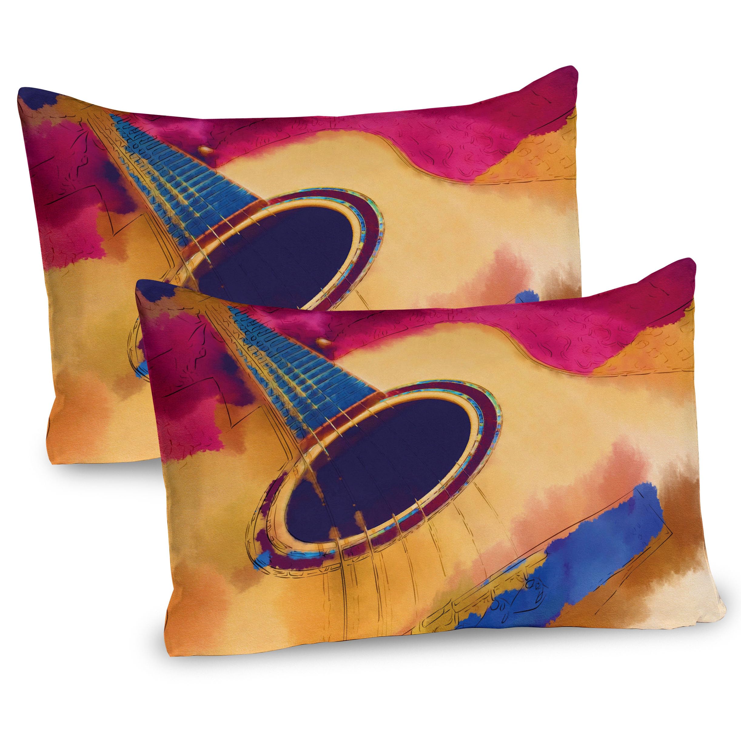 Ambesonne 2-Pack Guitar Pillow Shams, Abstract Strings Watercolor Design Vintage Style - Soft Microfiber Decorative Pillow Covers 36x20 Inches - Blue Magenta for Bedroom, Living Room, Music Lover Gift