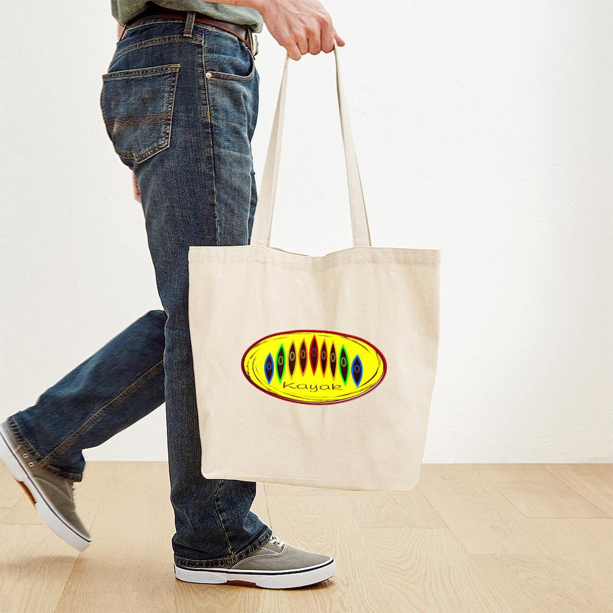 Neon Rainbow Kayak Tote Bag - Natural Canvas Reusable Shopping Bag for Beach, Groceries & Outdoor Adventures