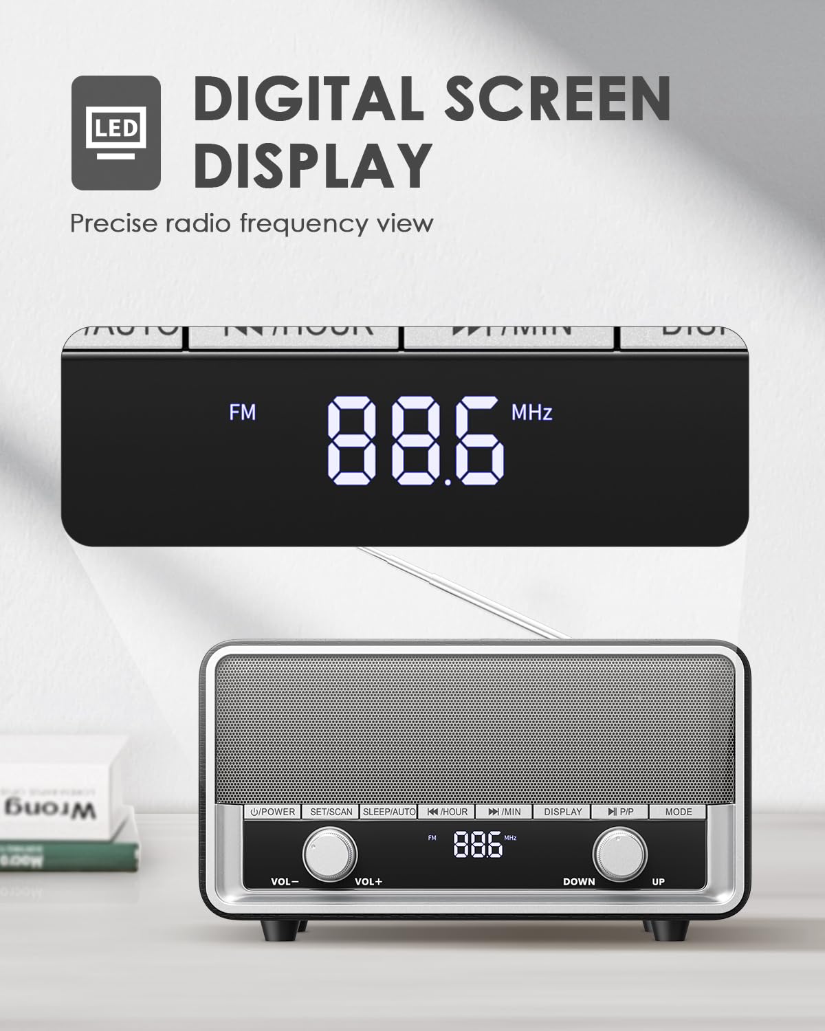 **Retro AM/FM Digital Alarm Clock Radio with Bluetooth Speaker - 40 Presets, LCD Display, Wall Plug-in - Perfect for Bedroom, Office & Gifts (Black)**