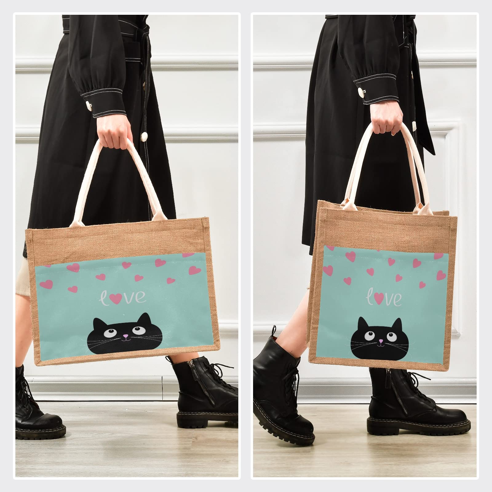 ALAZA Cat Heart Jute Tote Bag - Reusable Grocery & Beach Bag for Pet Lovers