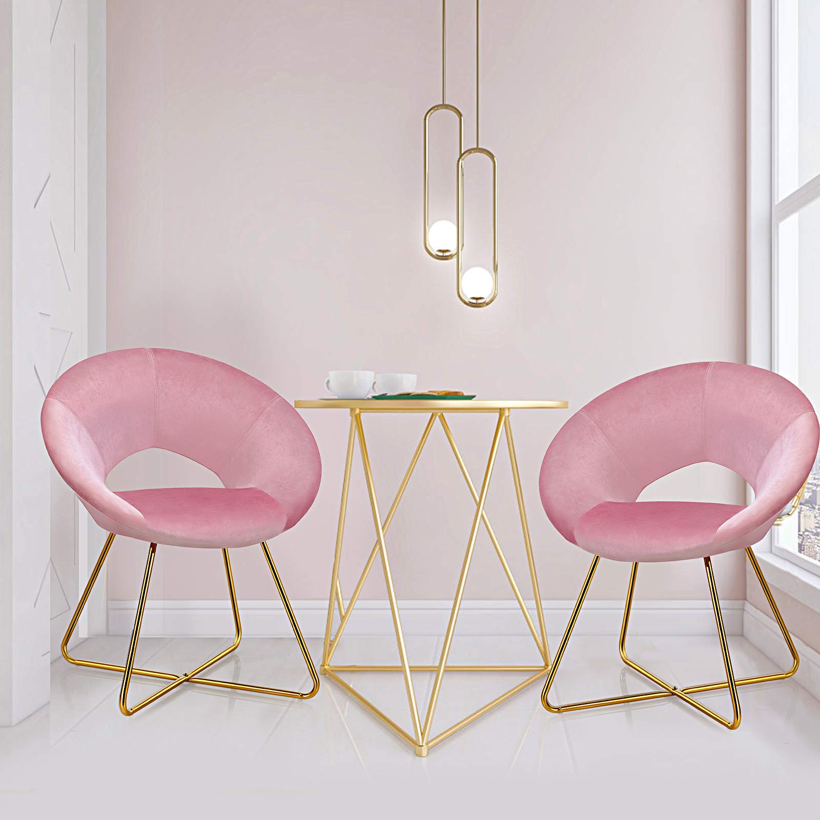 Giantex Modern Velvet Accent Chair Set of 2 - Pink Upholstered Vanity Desk Chairs with Metal Legs & Soft Cushion, Mid Century Armchair for Living Room, Bedroom, Dressing Room - Comfy Decorative Seating for Home Office, Makeup Area & Lounge Spaces