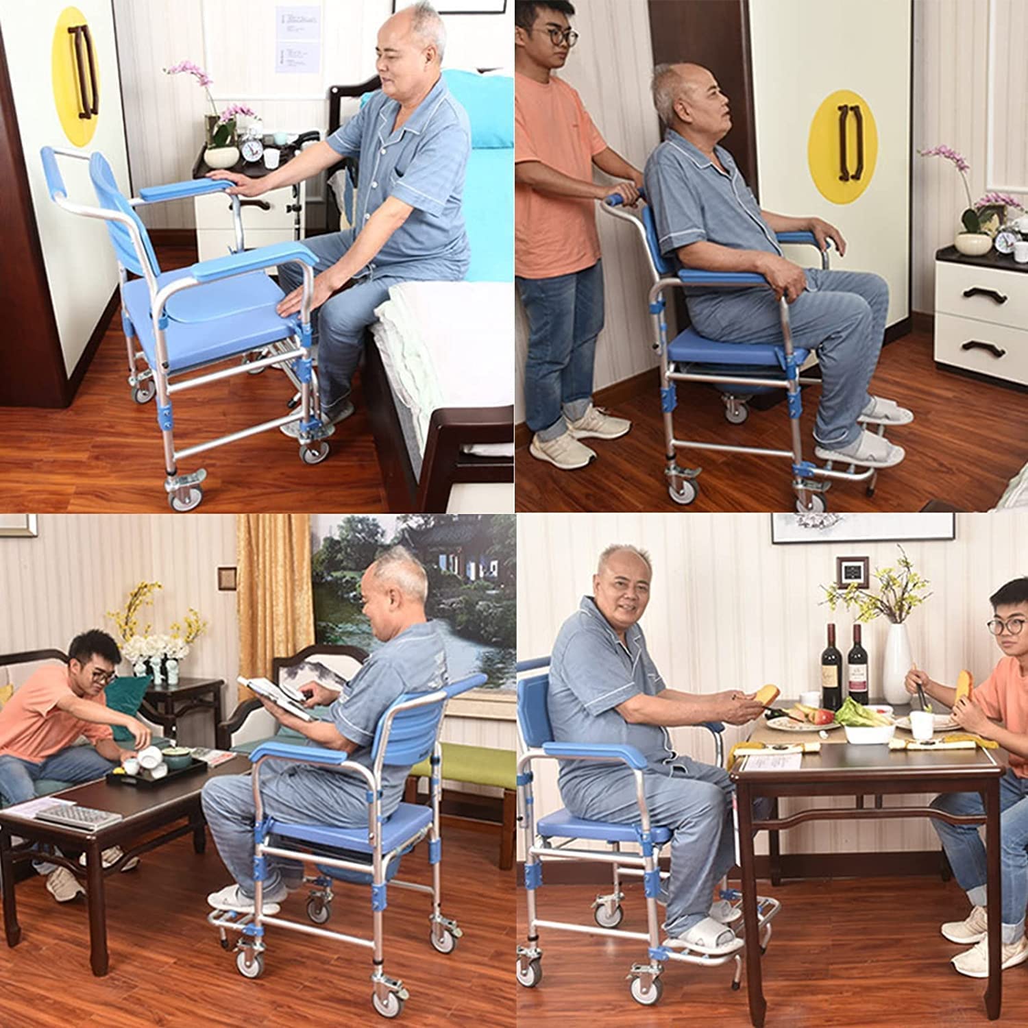 Ybaymy Rolling Shower Commode Chair - 330lbs Weight Capacity Wheelchair with Locking Wheels & Padded Seat for Elderly & Disabled - Ideal for Bathroom Safety, Mobility Assistance & Home Care