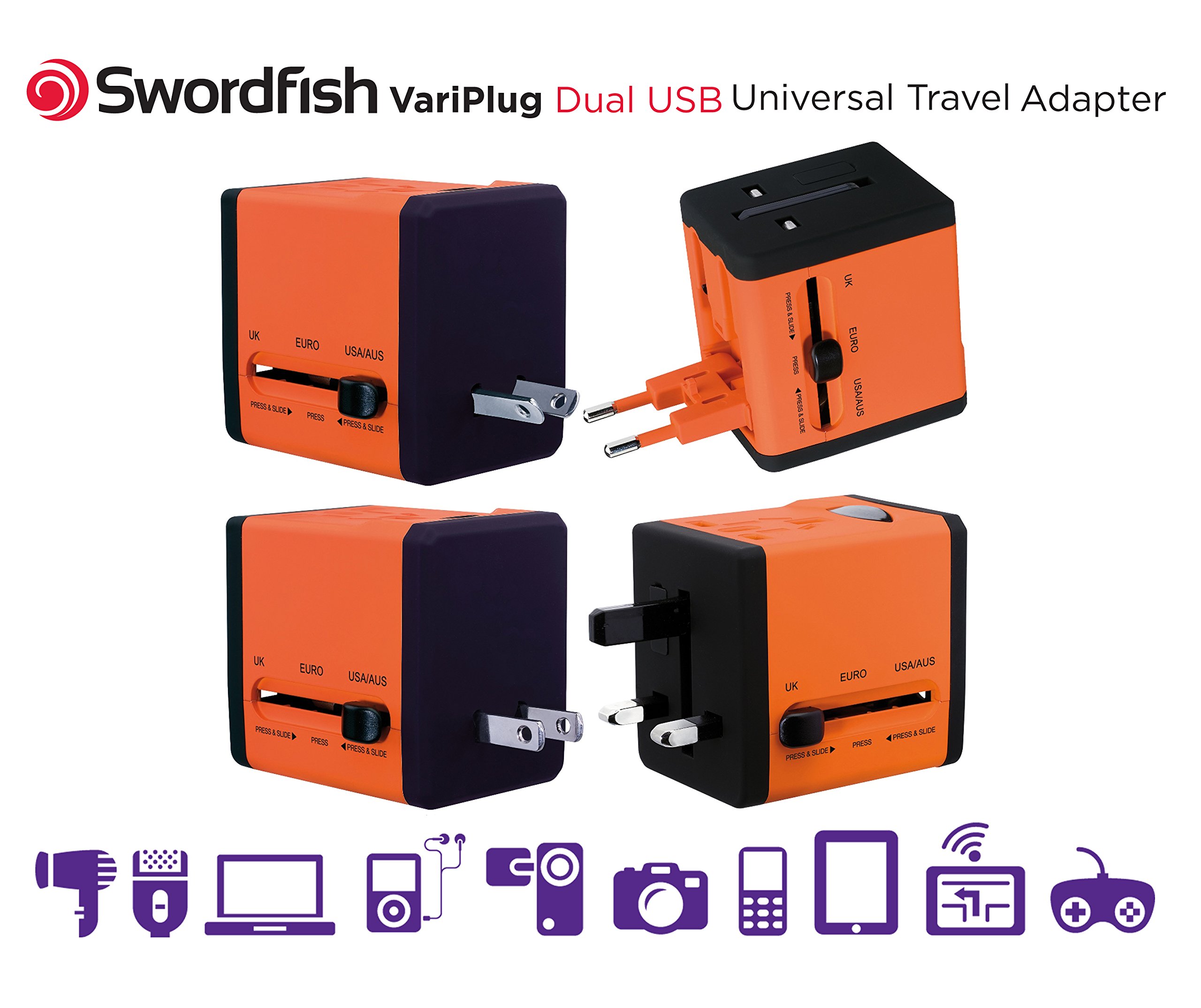 Swordfish 40253 VariPlug Dual USB Universal Travel Plug Adapter & Charger - Orange | Worldwide Compatibility for Phones, Laptops & Cameras | Perfect for Business Trips & Vacations