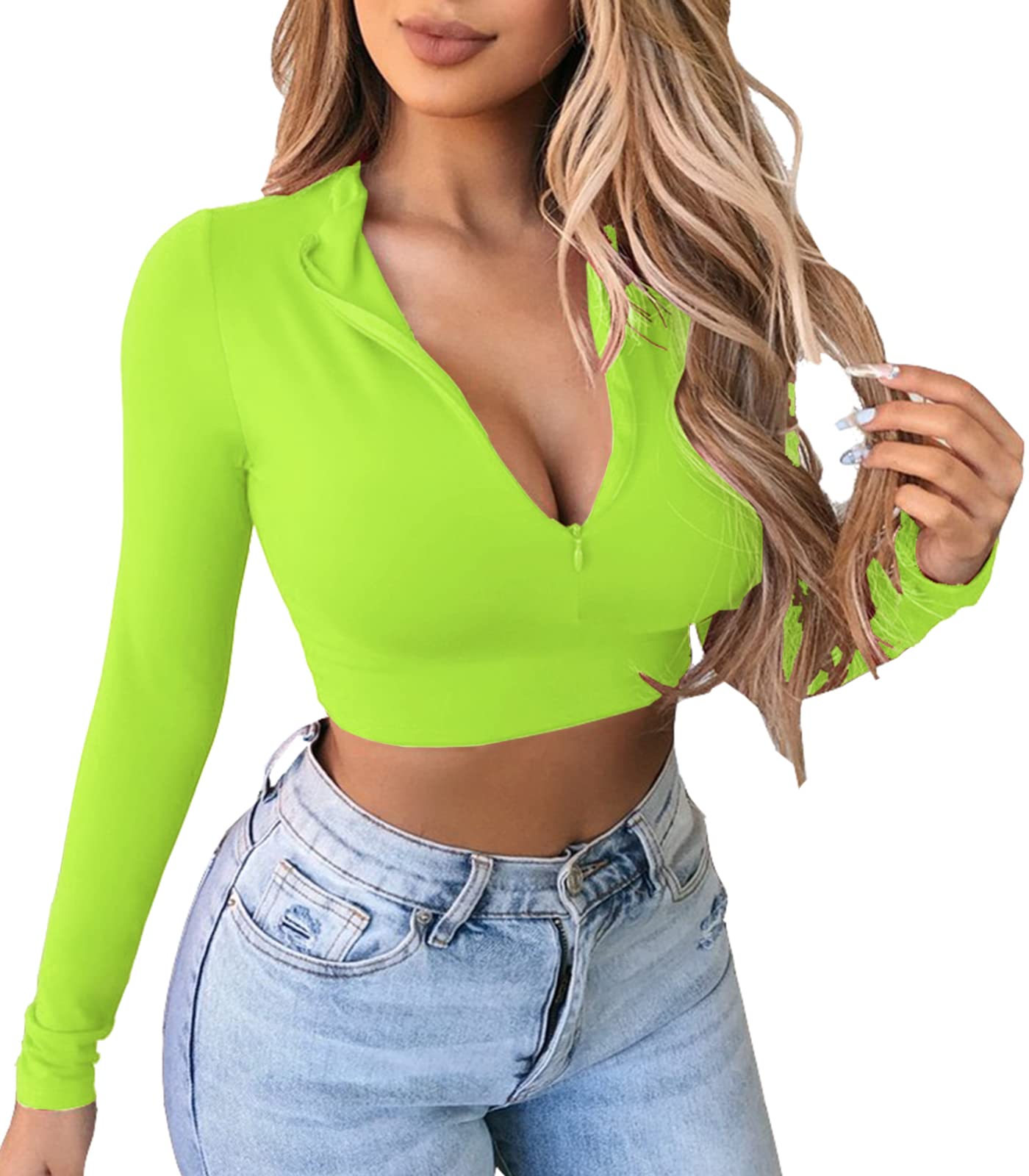 Artfish Women's Long Sleeve Quarter Zip Fleece-Lined Crop Top - V-Neck Fitted Sexy Shirt for Winter Workout, Casual Outing & Date Night