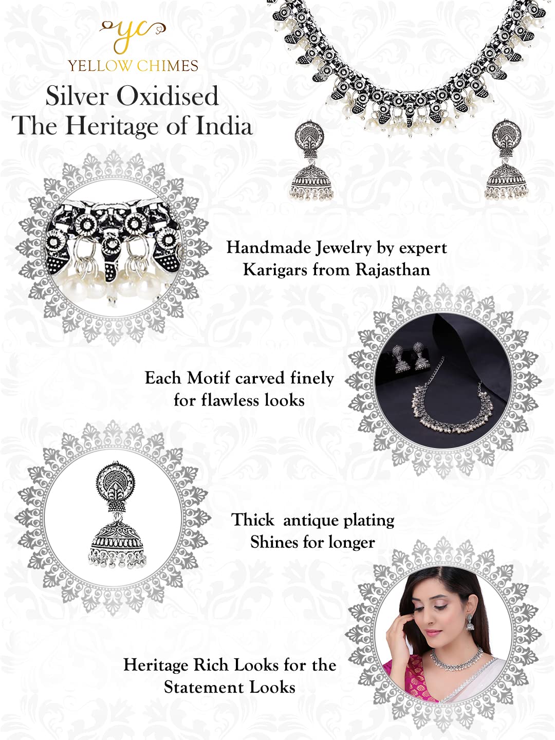 Oxidized Silver Afghan Tribal Jewelry Set - Yellow Chimes Necklace & Choker for Women, Traditional Handmade Birthday & Anniversary Gift for Her | Perfect for Ethnic Fashion, Boho Outfits & Special Occasions
