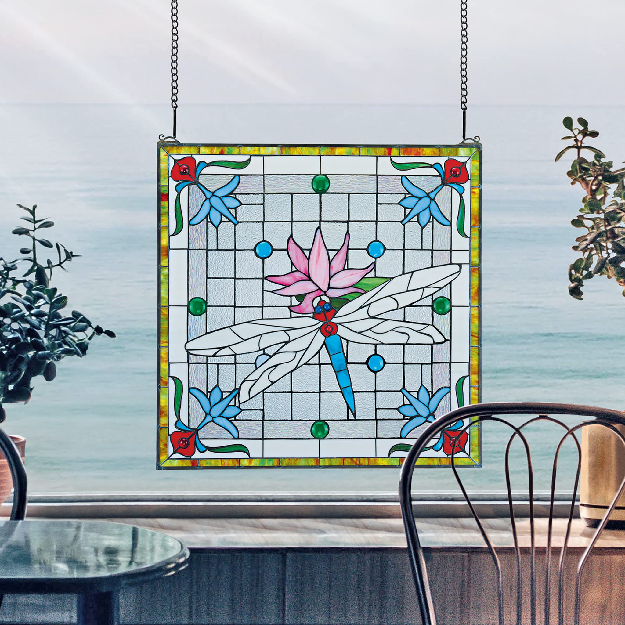 Design Toscano Handcrafted Stained Glass Panel - Dragonfly Pond Wall Art, 24''W x 24.5''H, Blossom Pink, Decorative Stained Glass Sculpture for Home, Church, or Office Décor | Perfect for Windows, Doors, and Wall Hangings