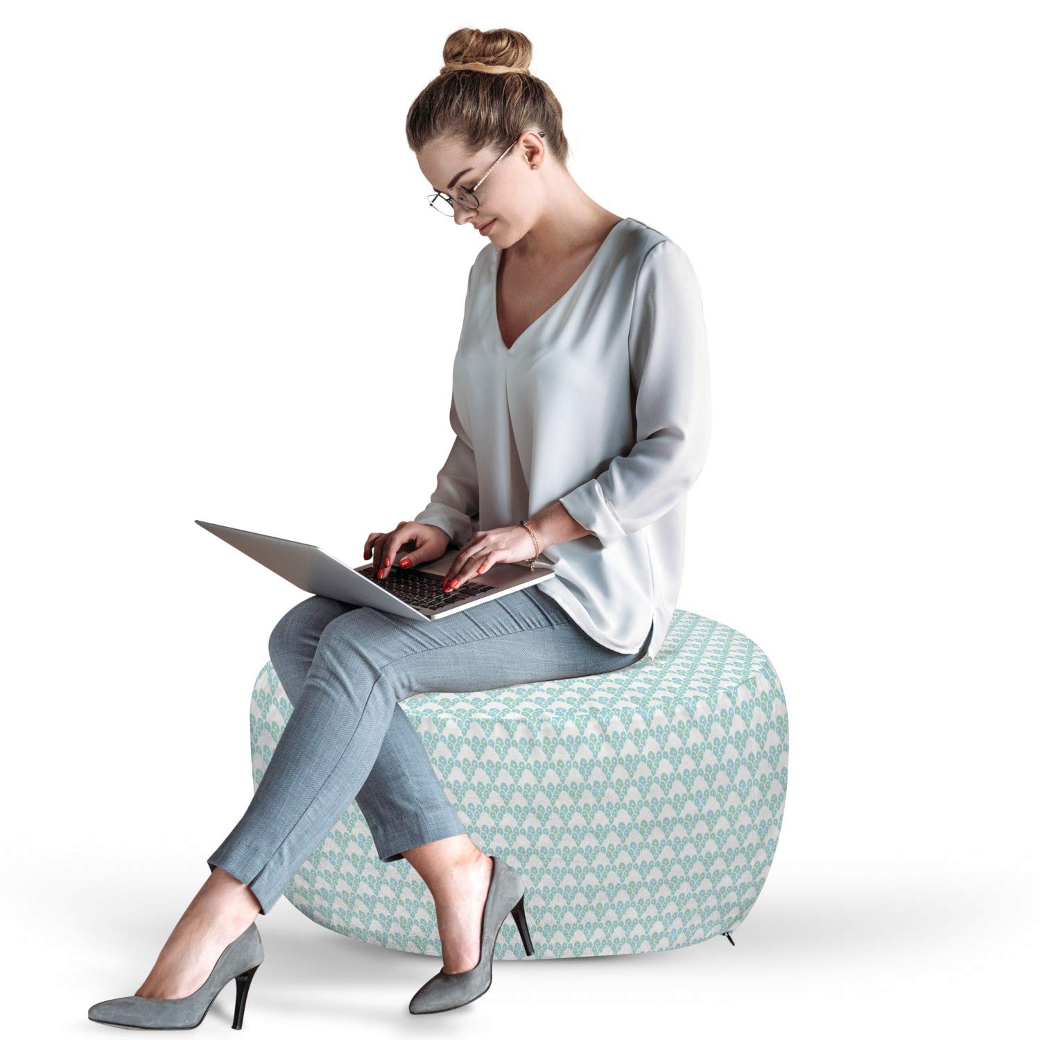 Ambesonne Mint Pouf Cover with Zipper - Abstract Doodle Design with Soft Pastel Bubbles, Decorative Fabric Unstuffed Ottoman Slipcover, 30