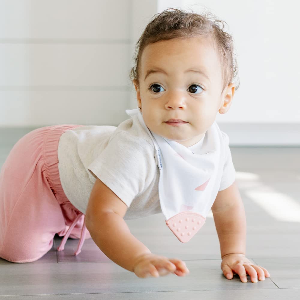 Bazzle Baby Bandana Teething Bibs 4-Pack - Soft Cotton Drool Bibs for Boys & Girls with Silicone Teether, Adjustable & Absorbent Baby Bibs for Drooling (Pink & White) - Perfect for Teething Relief, Mealtime & Everyday Use