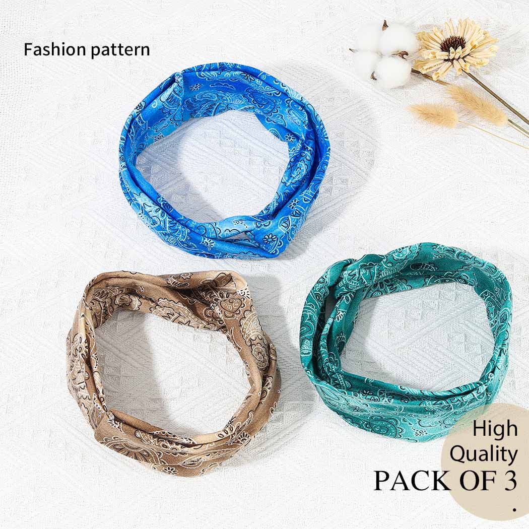Boho Stretchy Knotted Headbands for Women & Girls - Pack of 3 Wide Hair Bands & Turban Headwraps in Blue - Perfect for Yoga, Workouts, and Casual Fashion