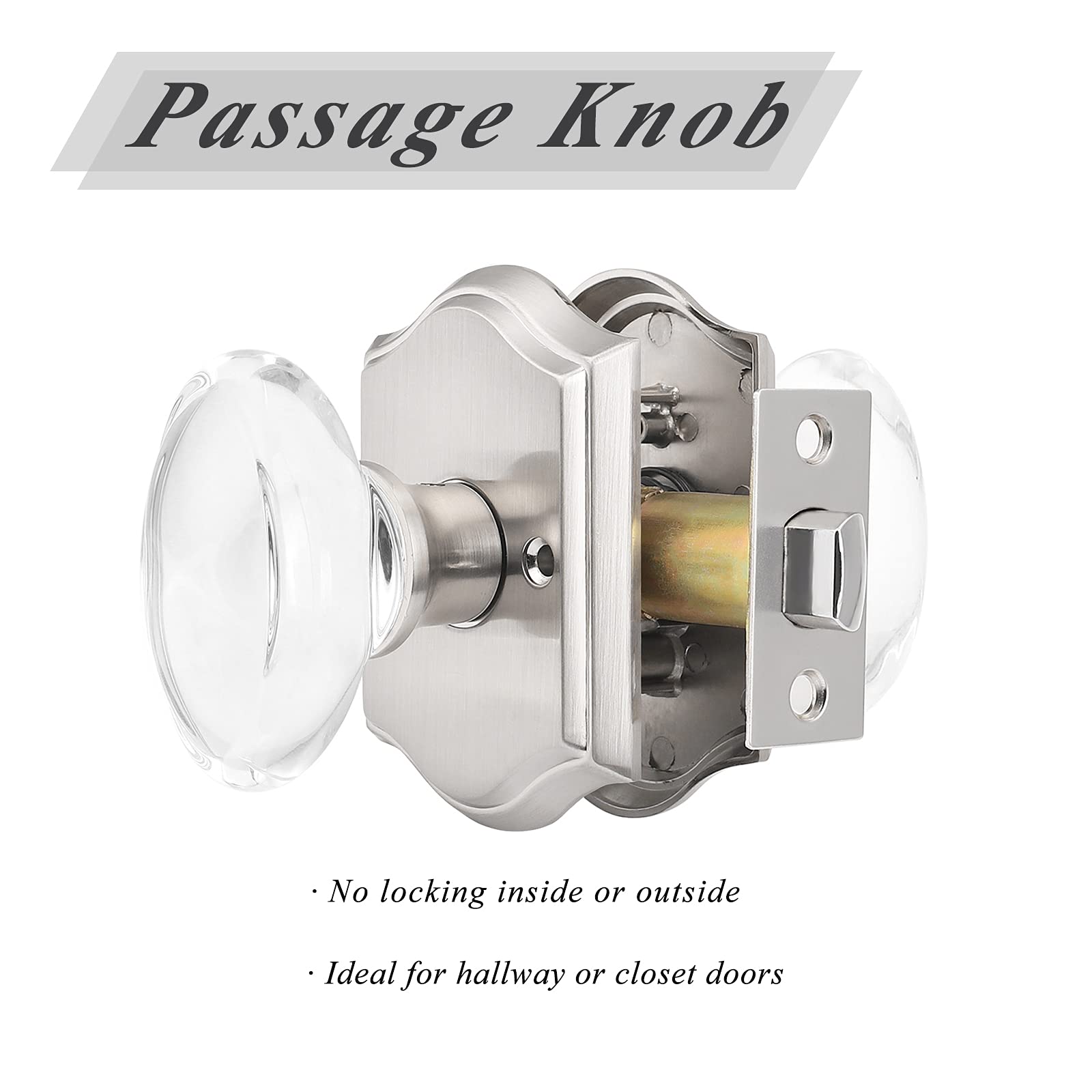 Probrico 2-Pack Oval Crystal Door Knobs - Brushed Nickel Keyless Non-Locking Glass Passage Knobs with Arched Rosette for Hall Closet & Interior Doors | Perfect for Bedrooms, Bathrooms, and Cabinets